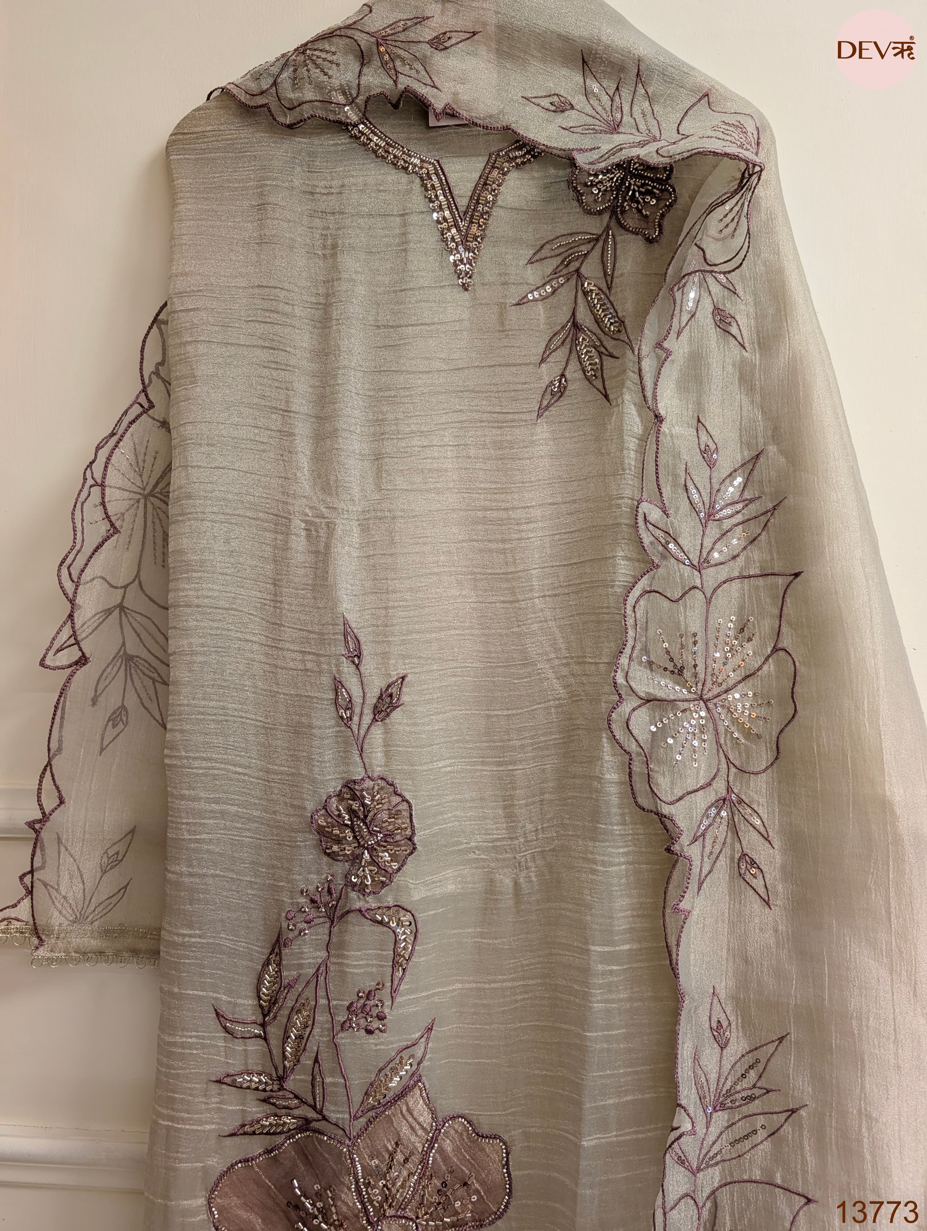 Grey Crush Tissue Silk Embroidered Unstitched 3-Piece Suit (Devri – D.No 13773)
