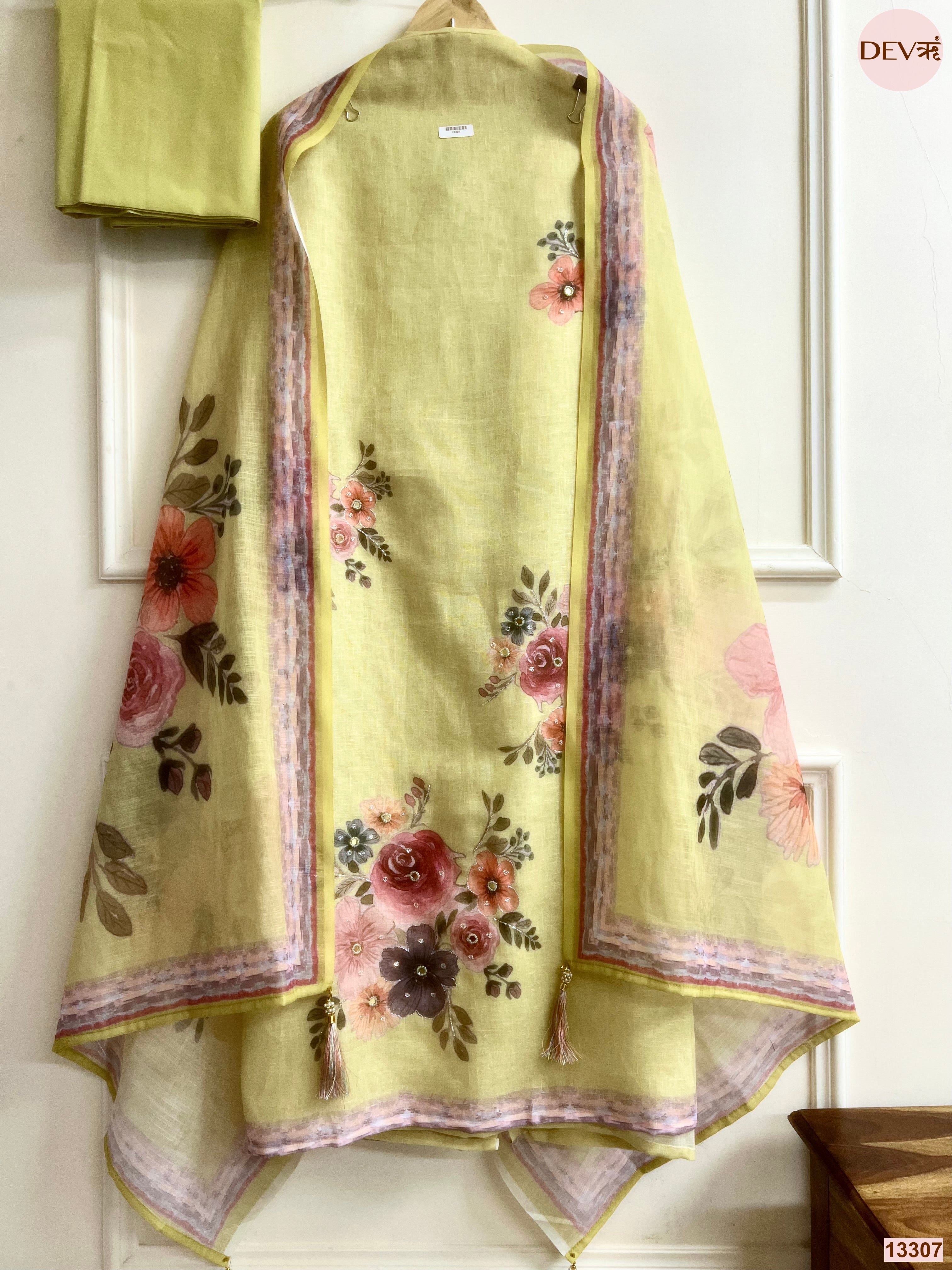 Yellow Linen Cotton Printed Unstitched 3-Piece Suit (Devri – D.No 13307)