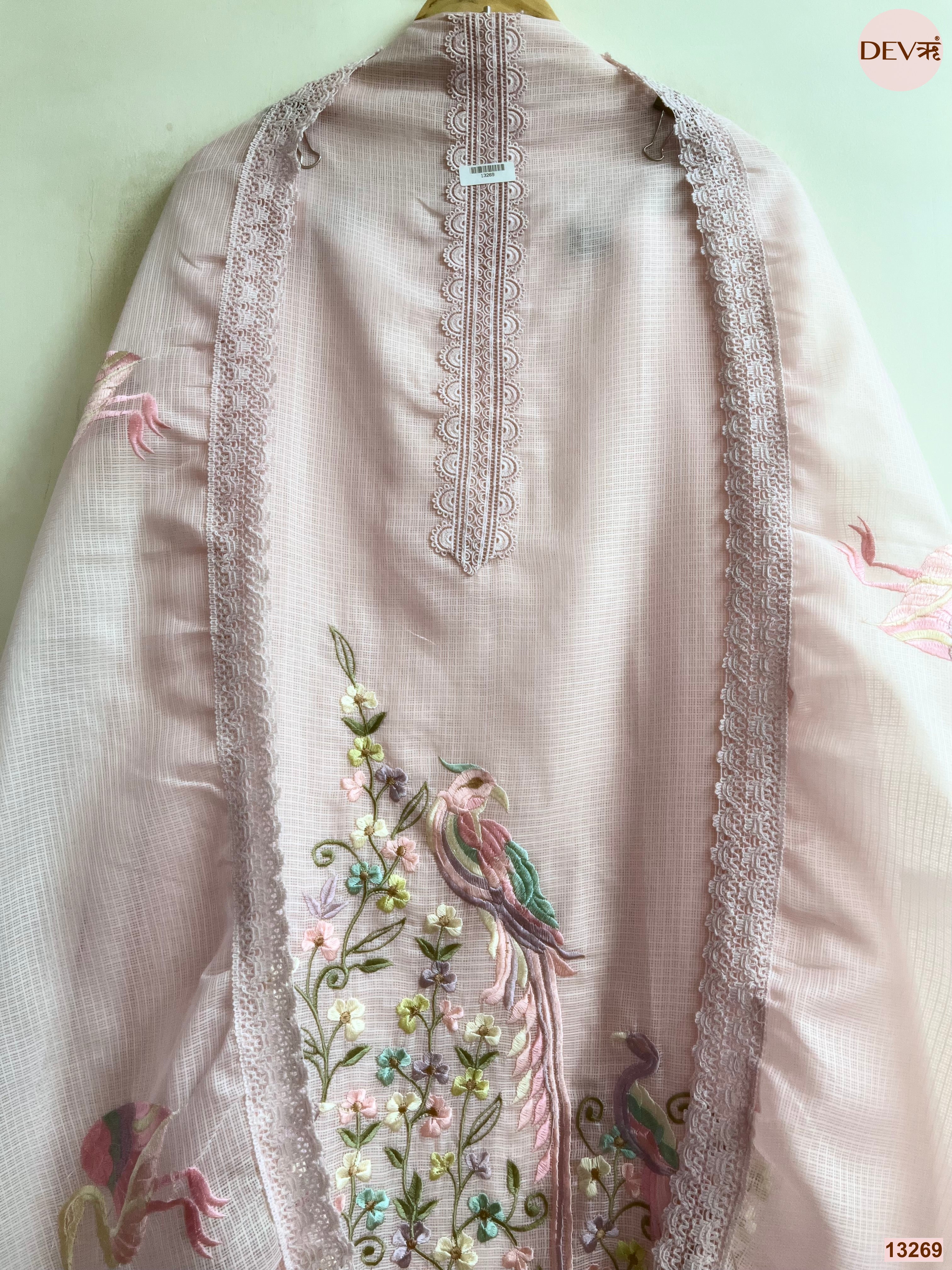 Pink Kota Cotton Embroidered Unstitched 3-Piece Suit (Devri – D.No 13269)