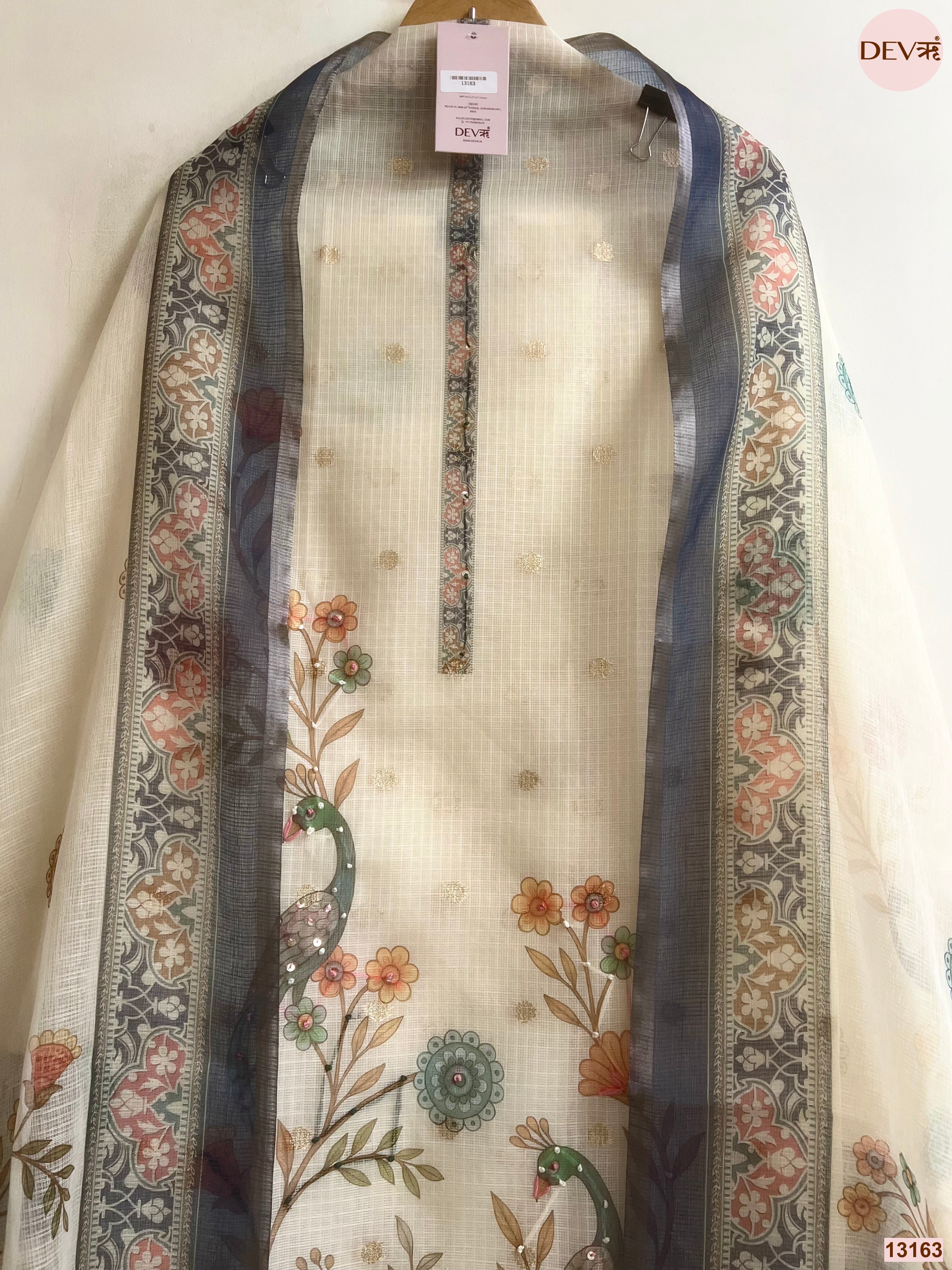 Cream Kota Printed Unstitched 3-Piece Suit (Devri – D.No 13163)