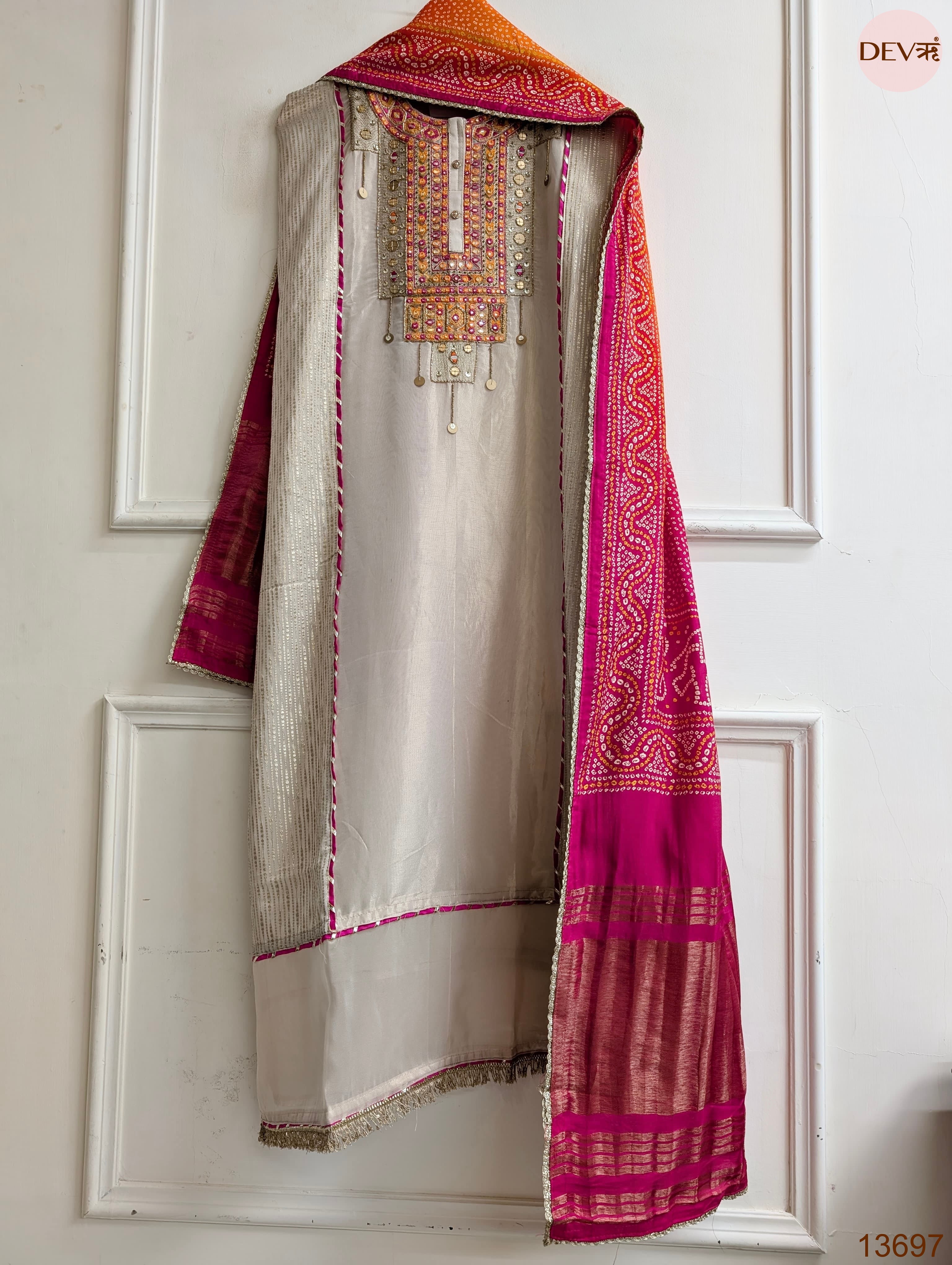 Beige Tissue Silk Hand Unstitched 3-Piece Suit (Devri – D.No 13697)