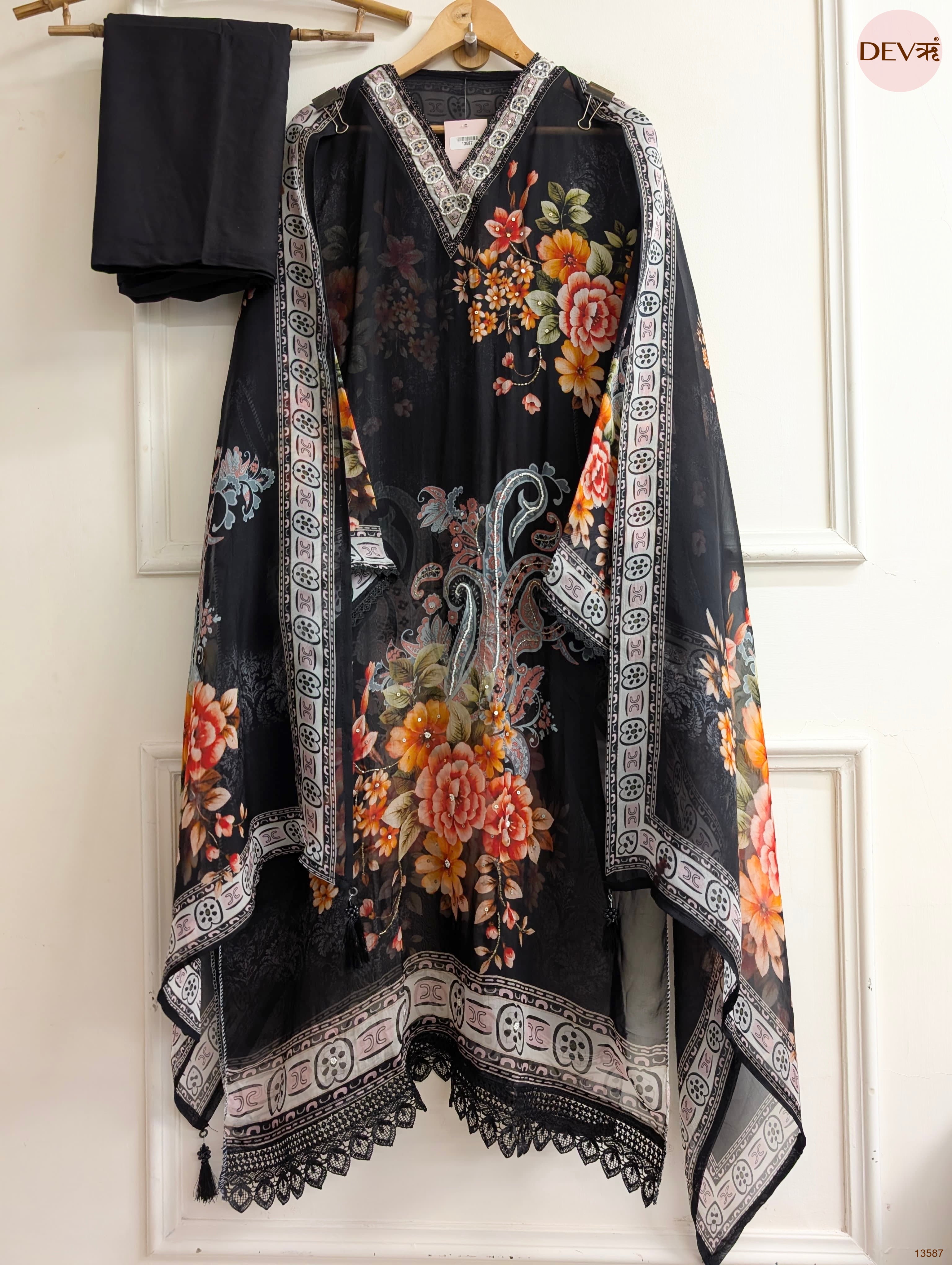 Black Organza Printed Unstitched 3-Piece Suit (Devri – D.No 13587)