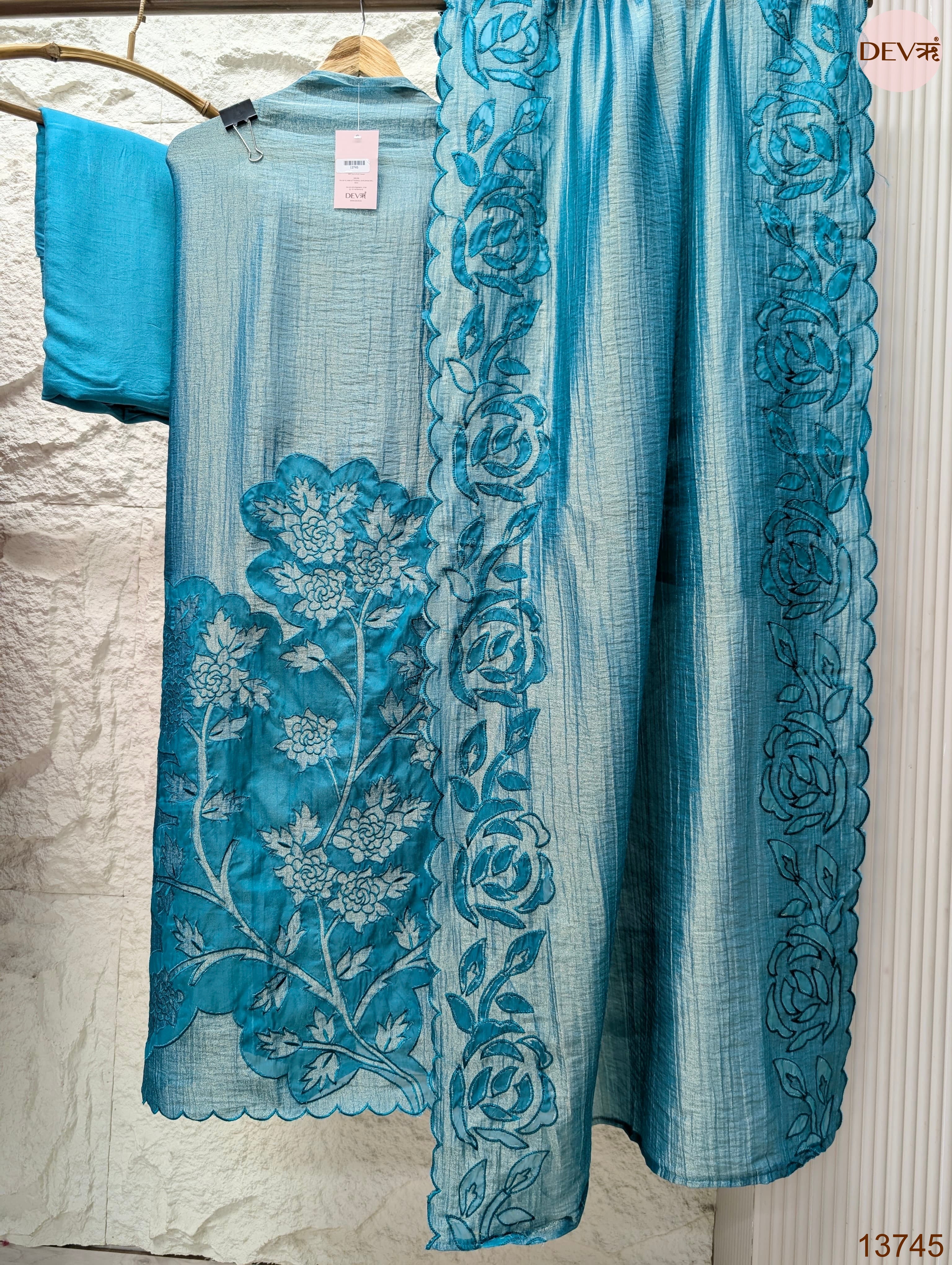 Blue Tissue Crush Silk Embroidered Unstitched 3-Piece Suit (Devri – D.No 13745)