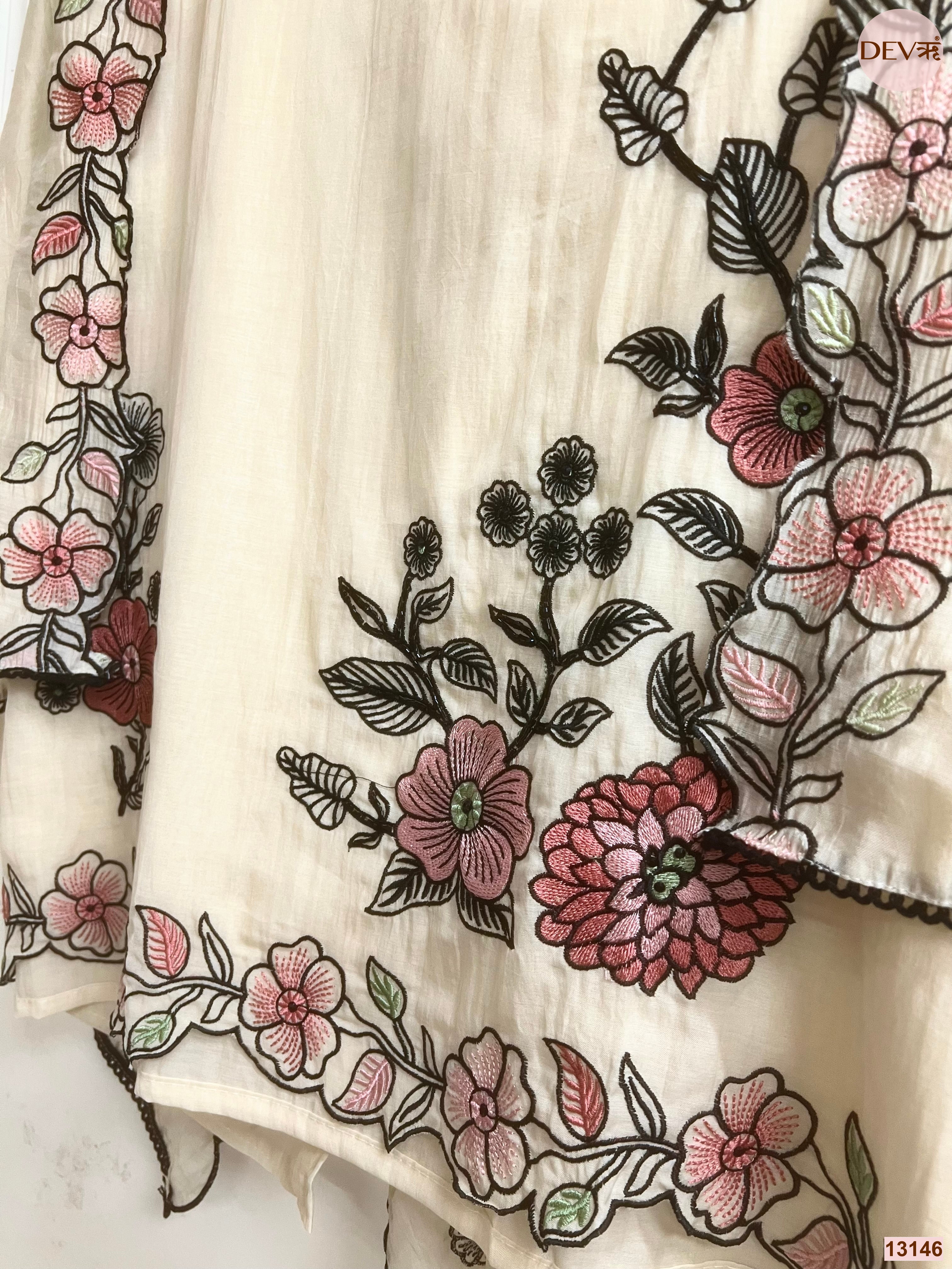 Cream Mul Chanderi Embroidered Unstitched 3-Piece Suit (Devri – D.No 13146)