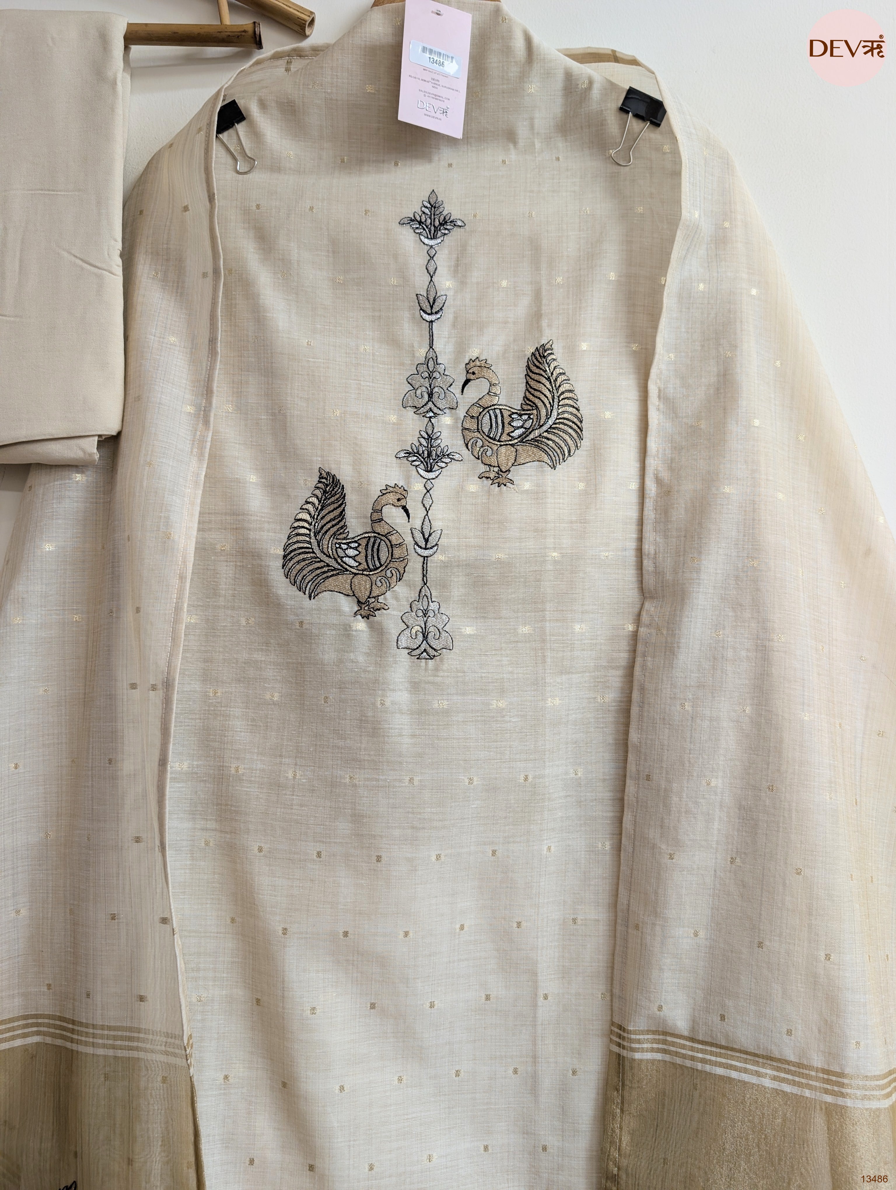 Beige Banarashi Silk Embroidered Unstitched 3-Piece Suit (Devri – D.No 13486)