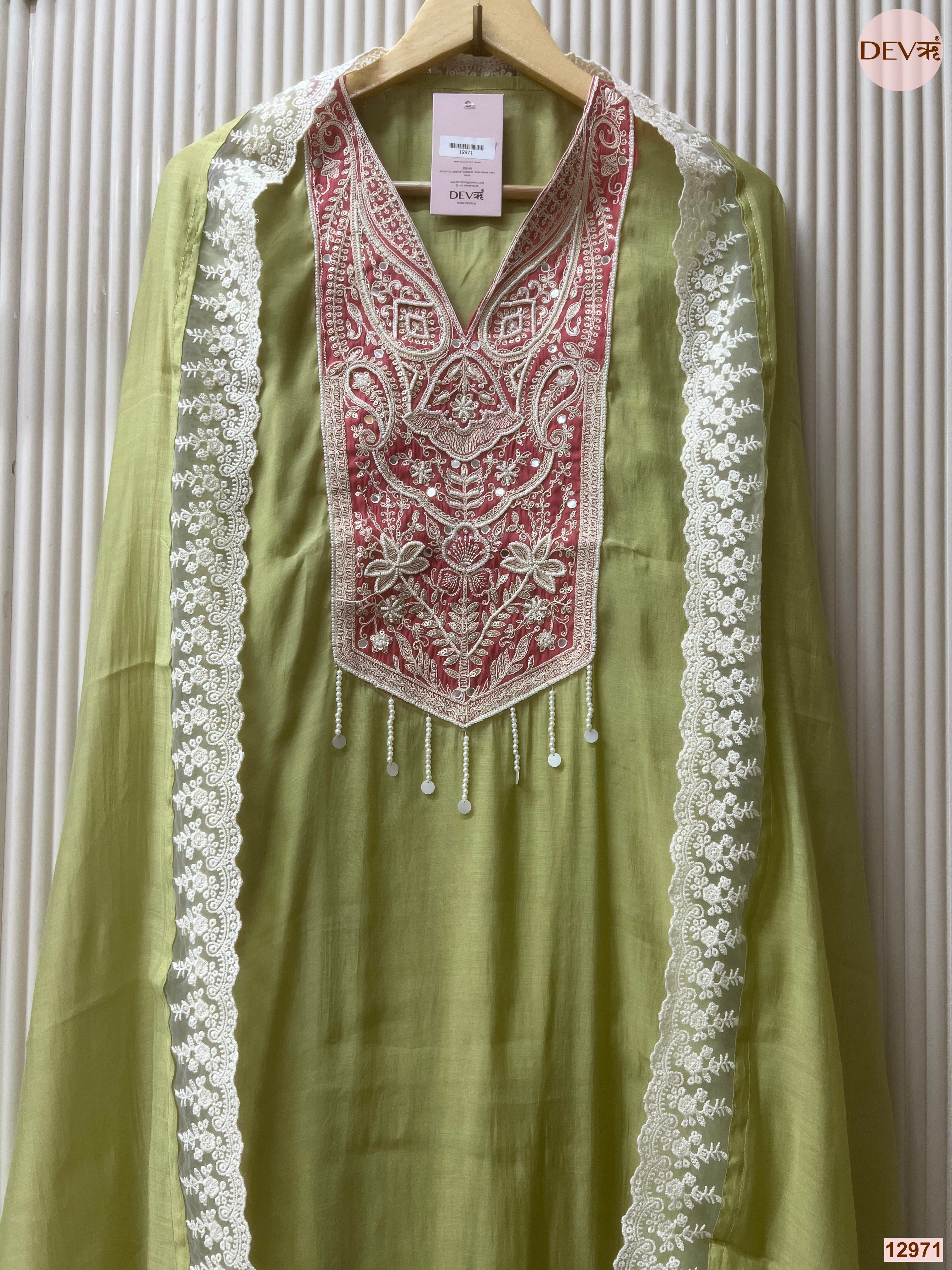 Green Mul Chanderi Embroidered Unstitched 3-Piece Suit (Devri – D.No 12971)