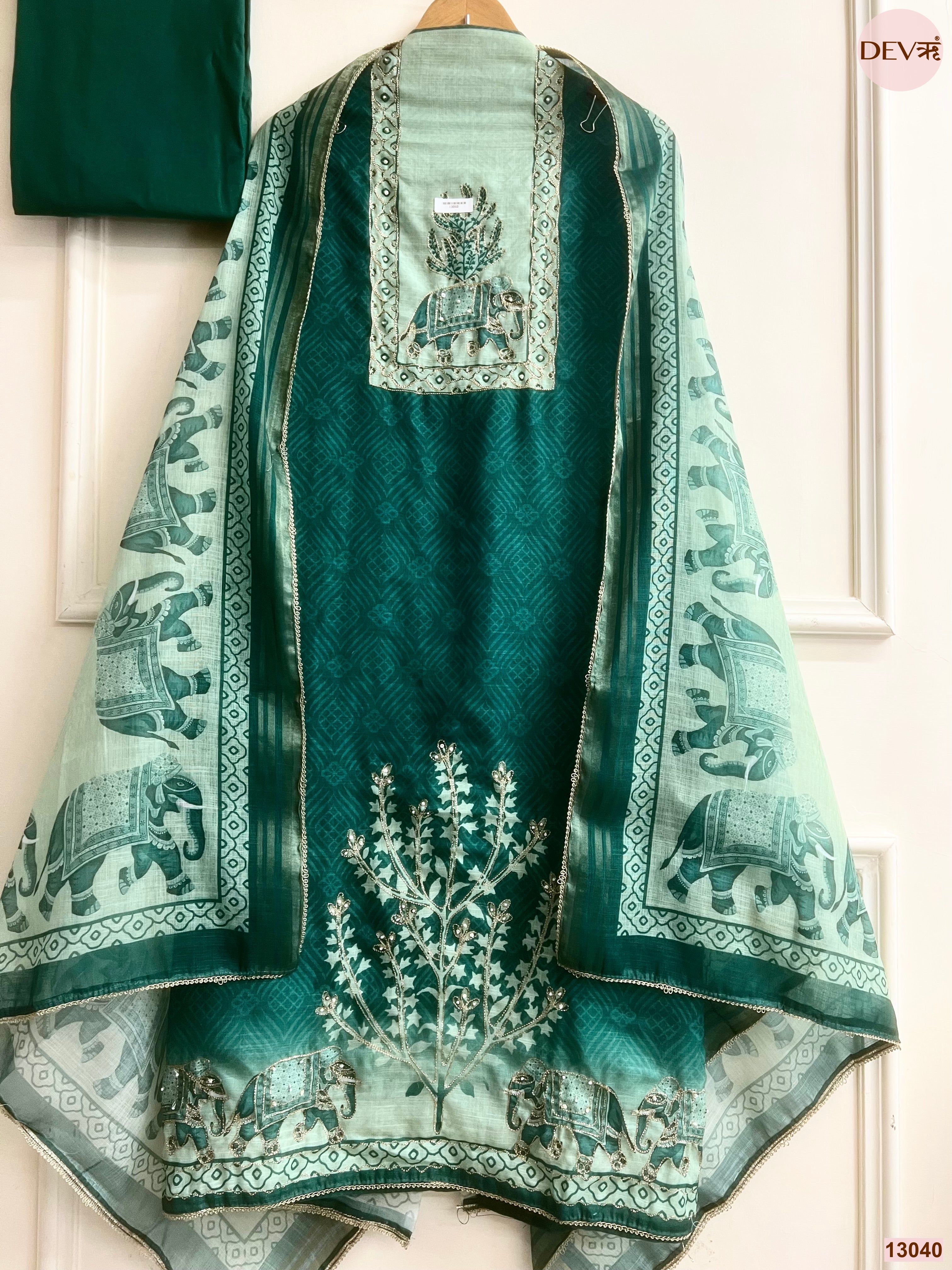 Green Linen Cotton Printed Unstitched 3-Piece Suit (Devri – D.No 13040)