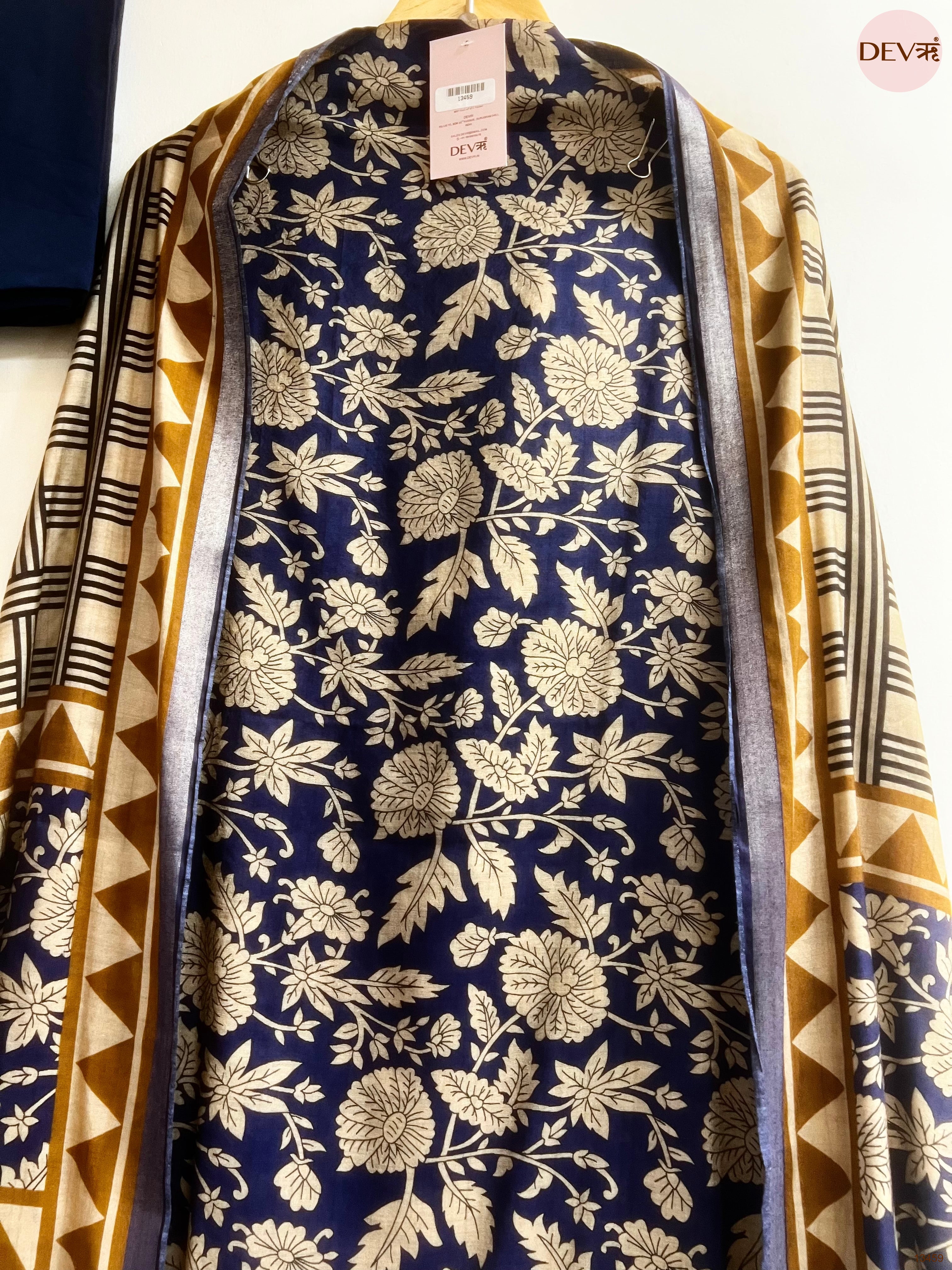 Navy Blue Maheshwari Silk Printed Unstitched 3-Piece Suit (Devri – D.No 13459)