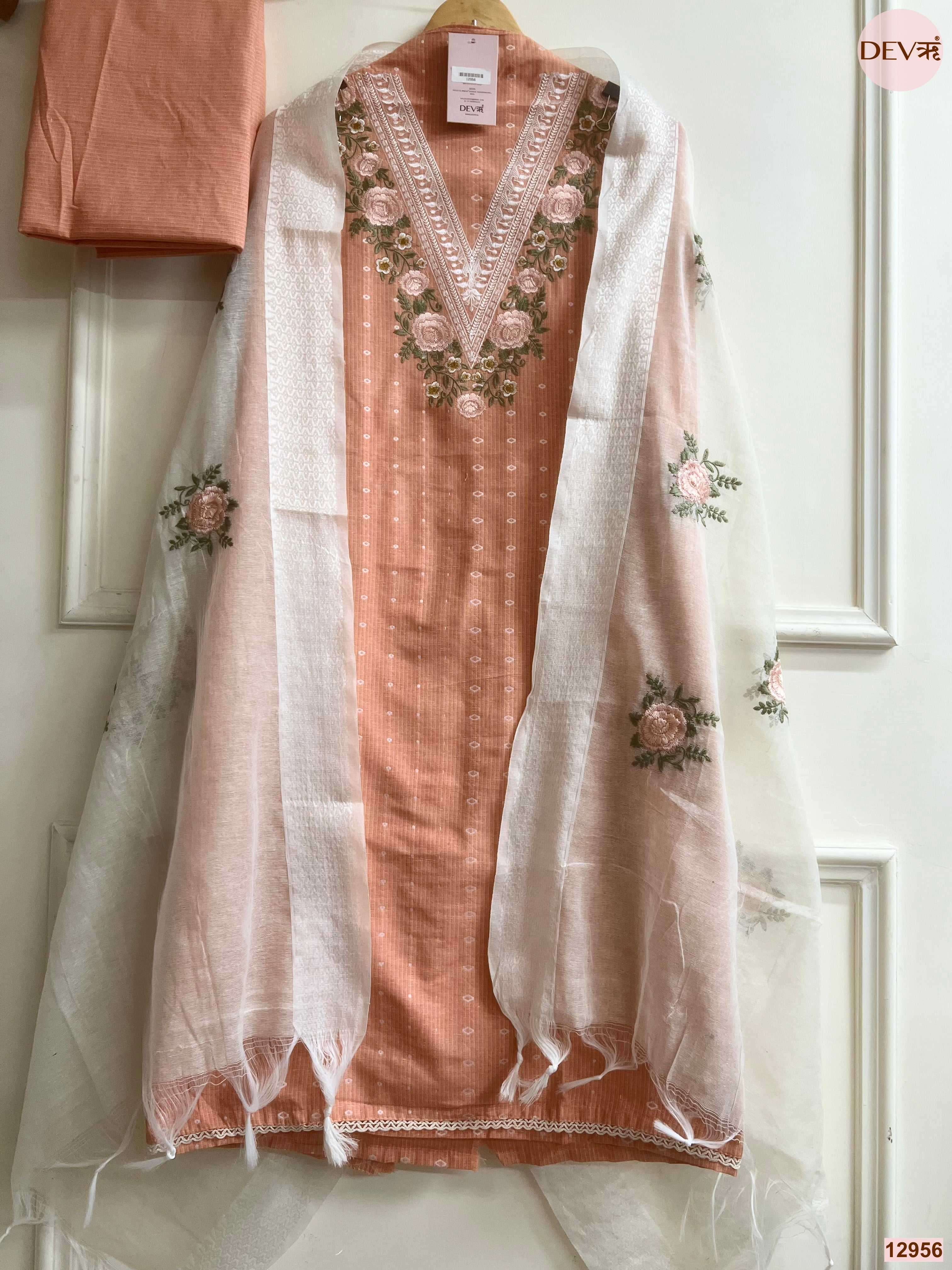Peach Cotton Handloom Embroidered Unstitched 3-Piece Suit (Devri – D.No 12956)