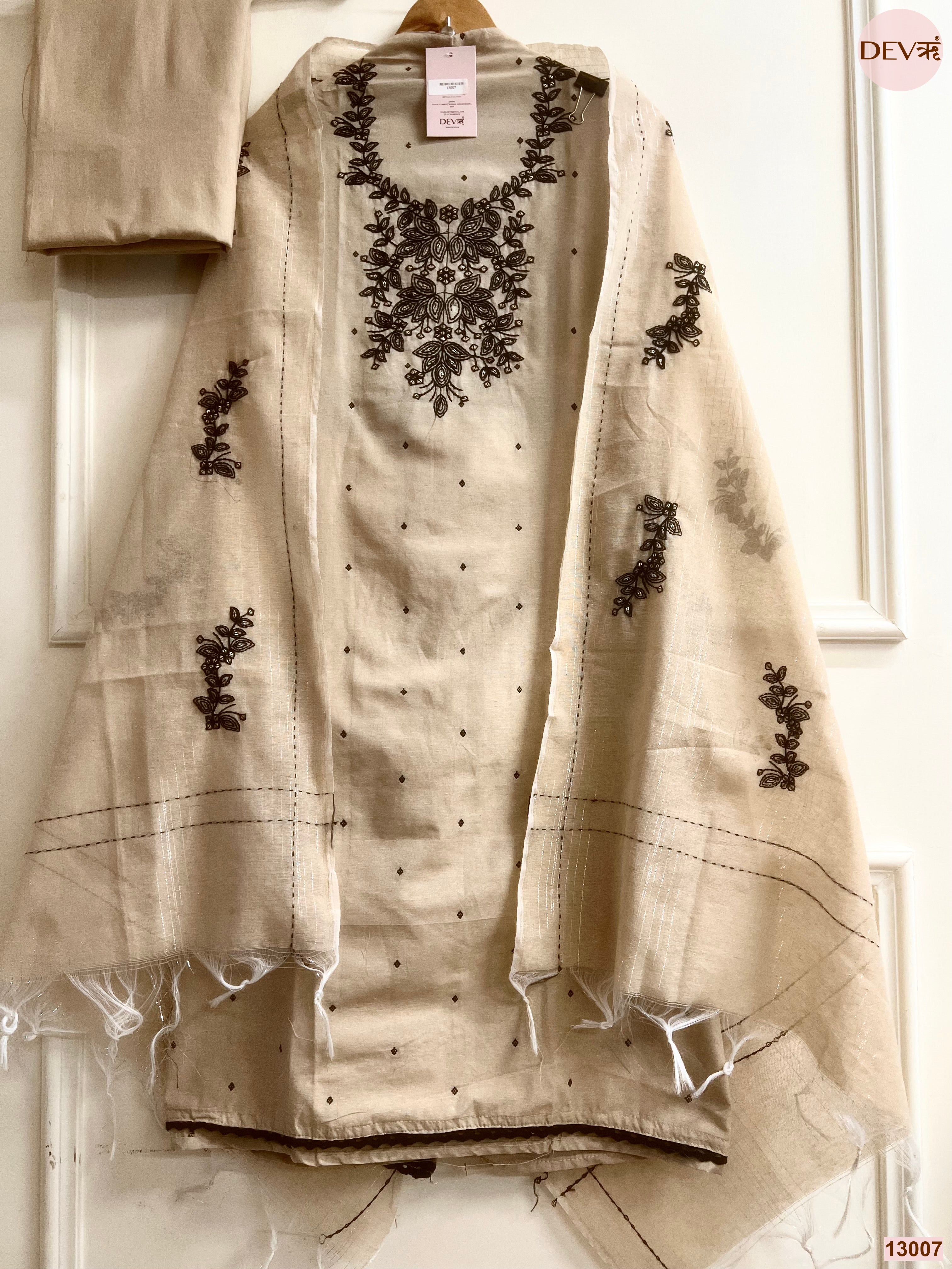 Beige Cotton Handloom Embroidered Unstitched 3-Piece Suit (Devri – D.No 13007)