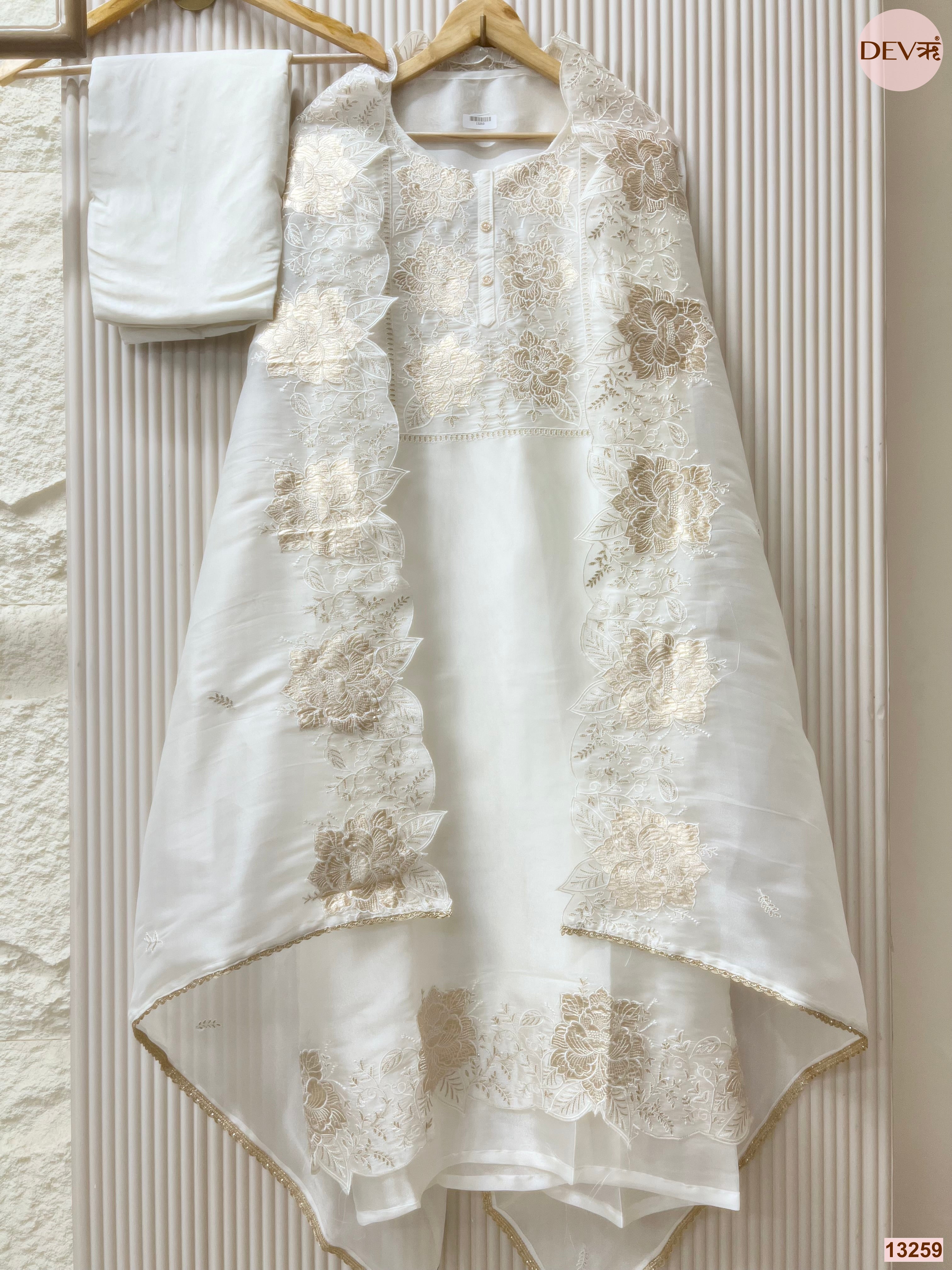 Off White Tissue Shimmer Silk Embroidered Unstitched 3-Piece Suit (Devri – D.No 13259)