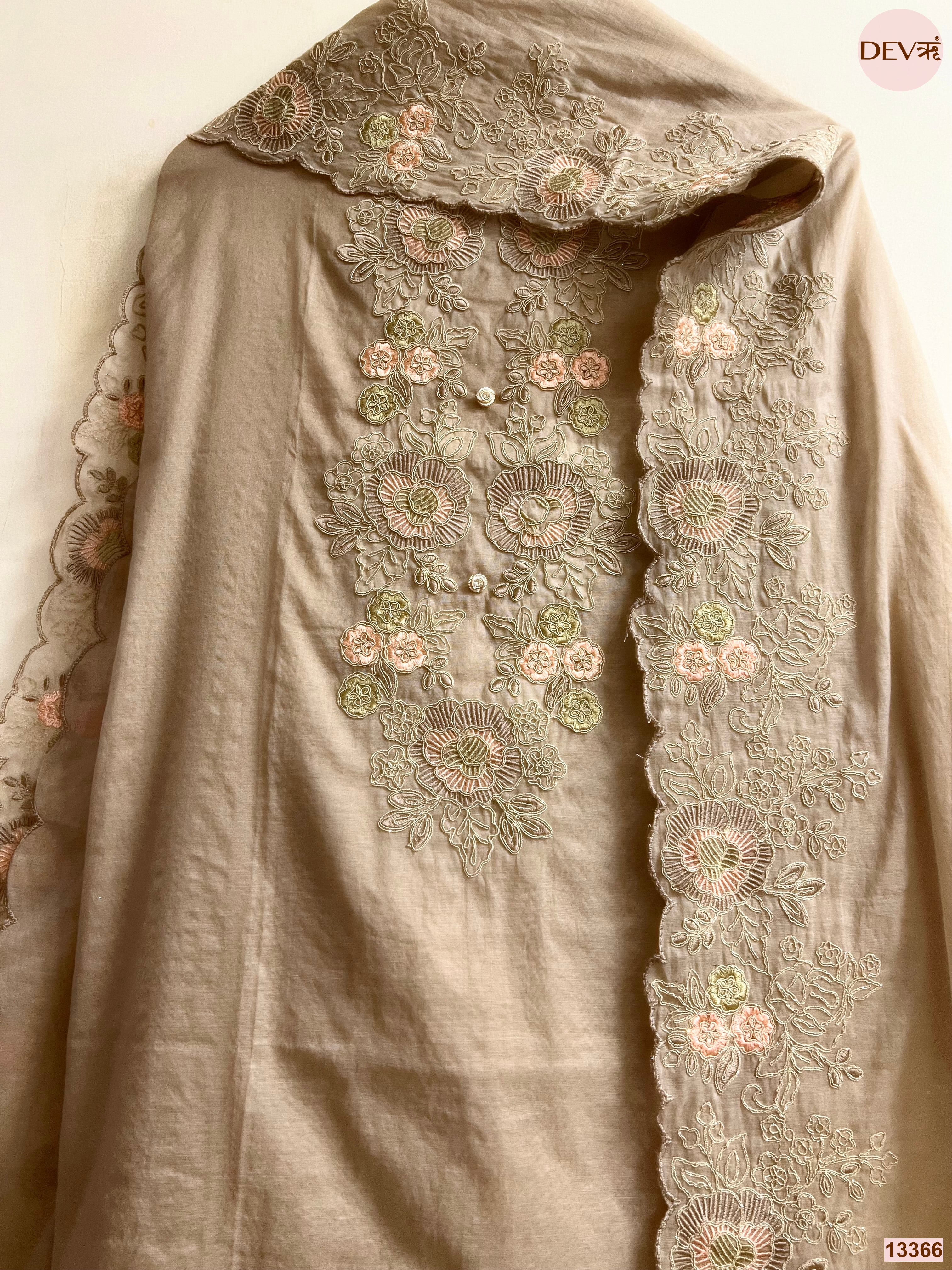 Beige Mul Chanderi Embroidered Unstitched 3-Piece Suit (Devri – D.No 13366)