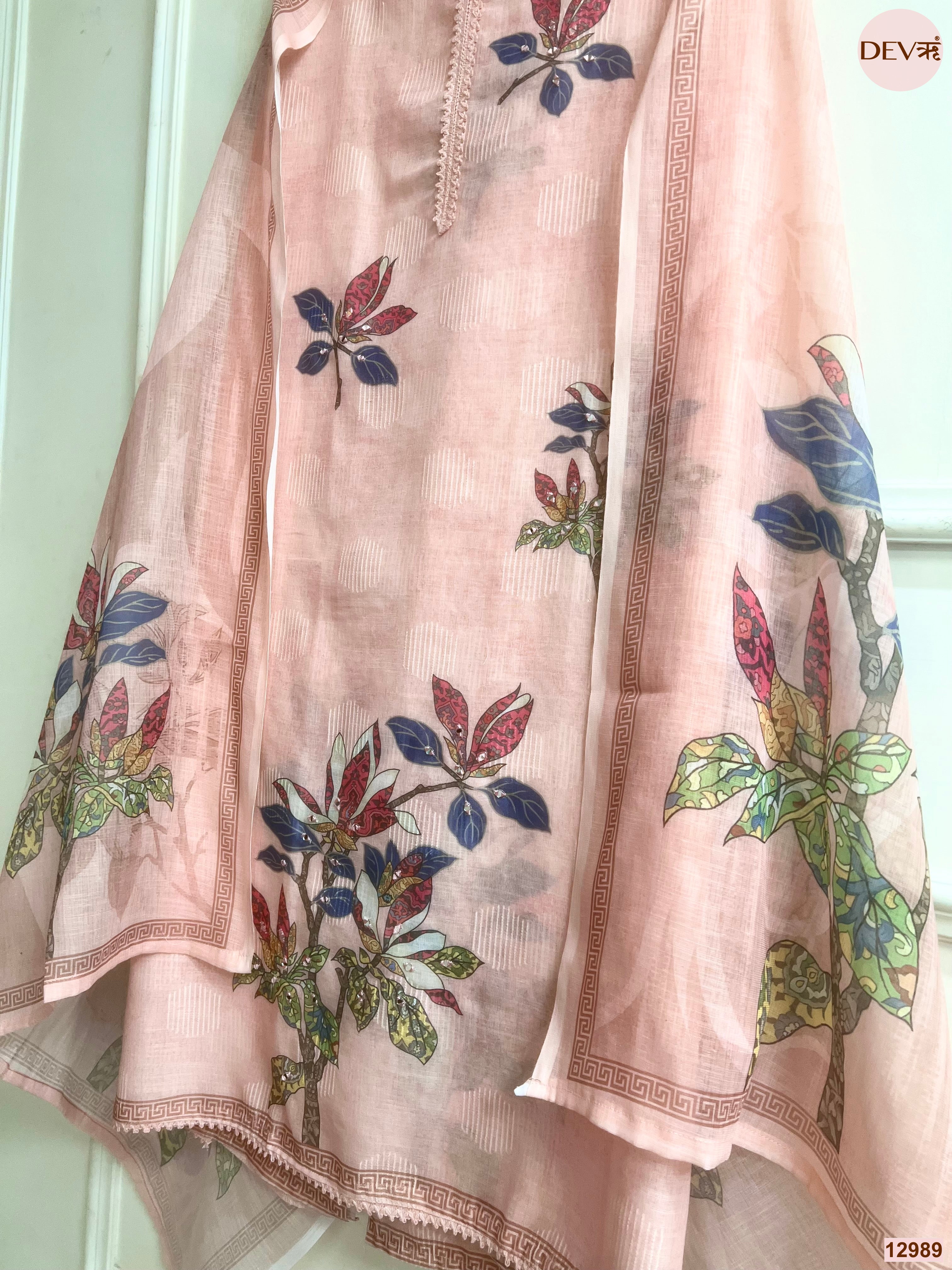 Peach Linen Printed Unstitched 3-Piece Suit (Devri – D.No 12989)