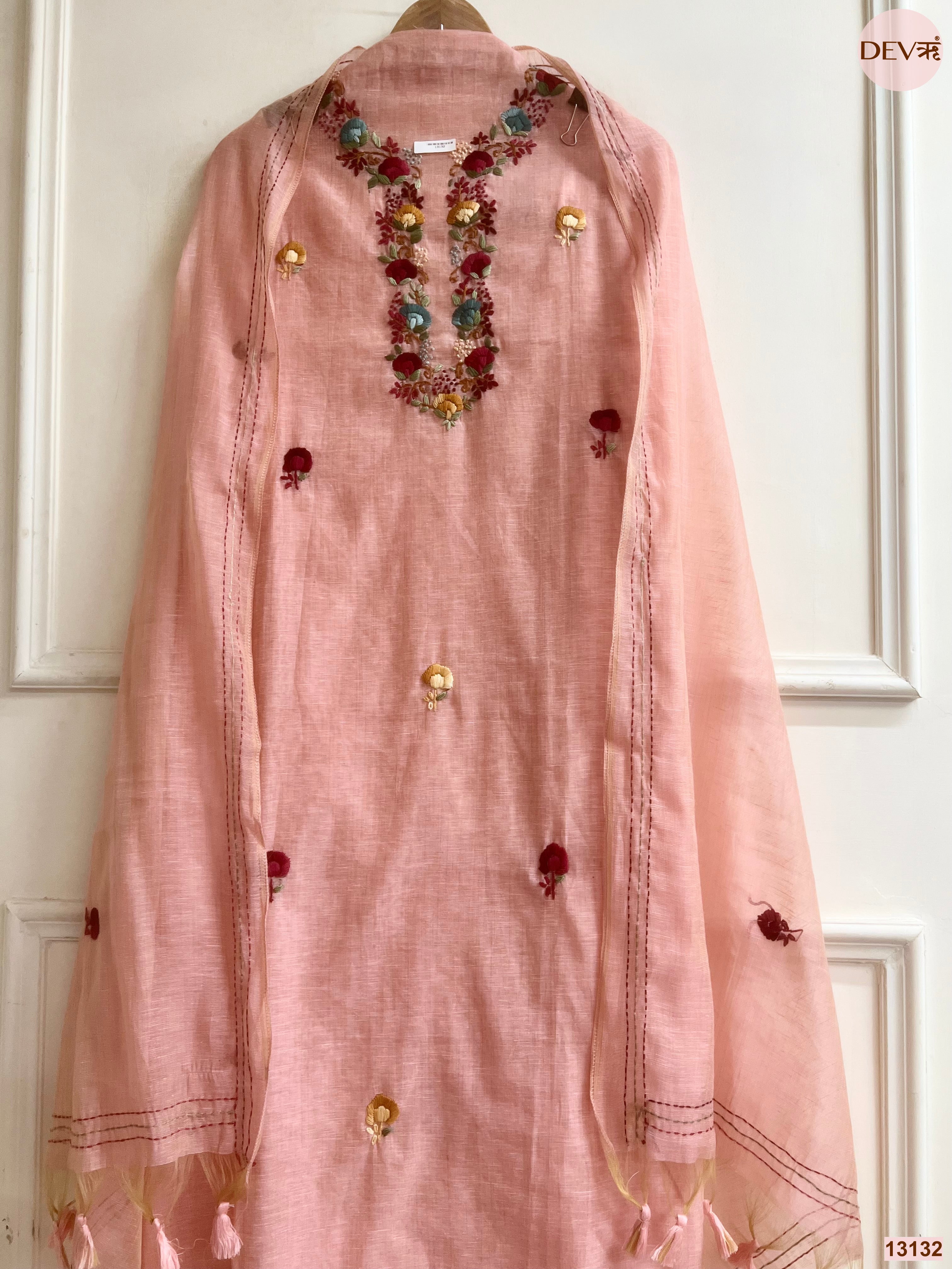 Peach Jamdani Cotton Embroidered Unstitched 3-Piece Suit (Devri – D.No 13132)