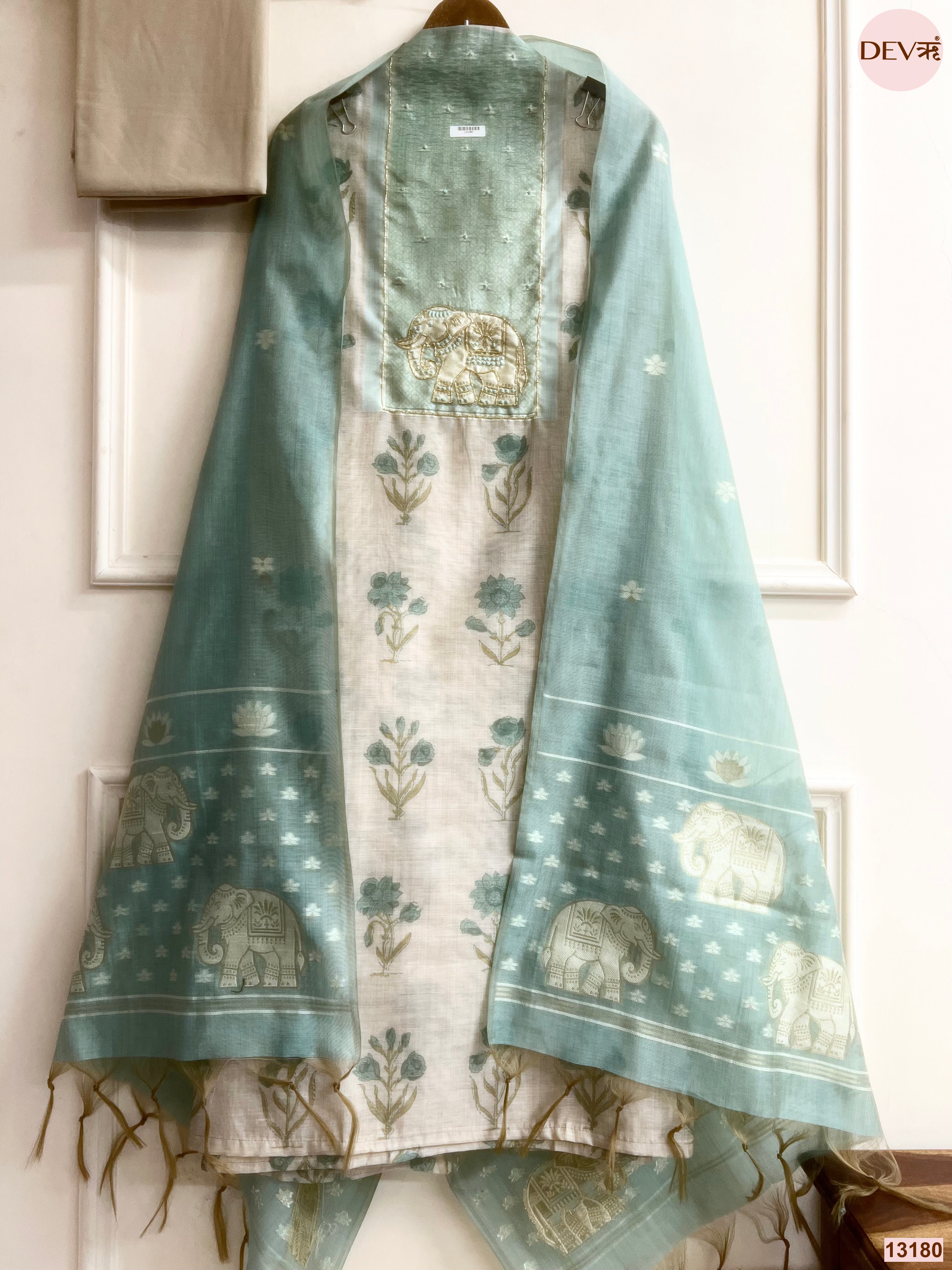 Aqua Mul Chanderi Printed Unstitched 3-Piece Suit (Devri – D.No 13180)