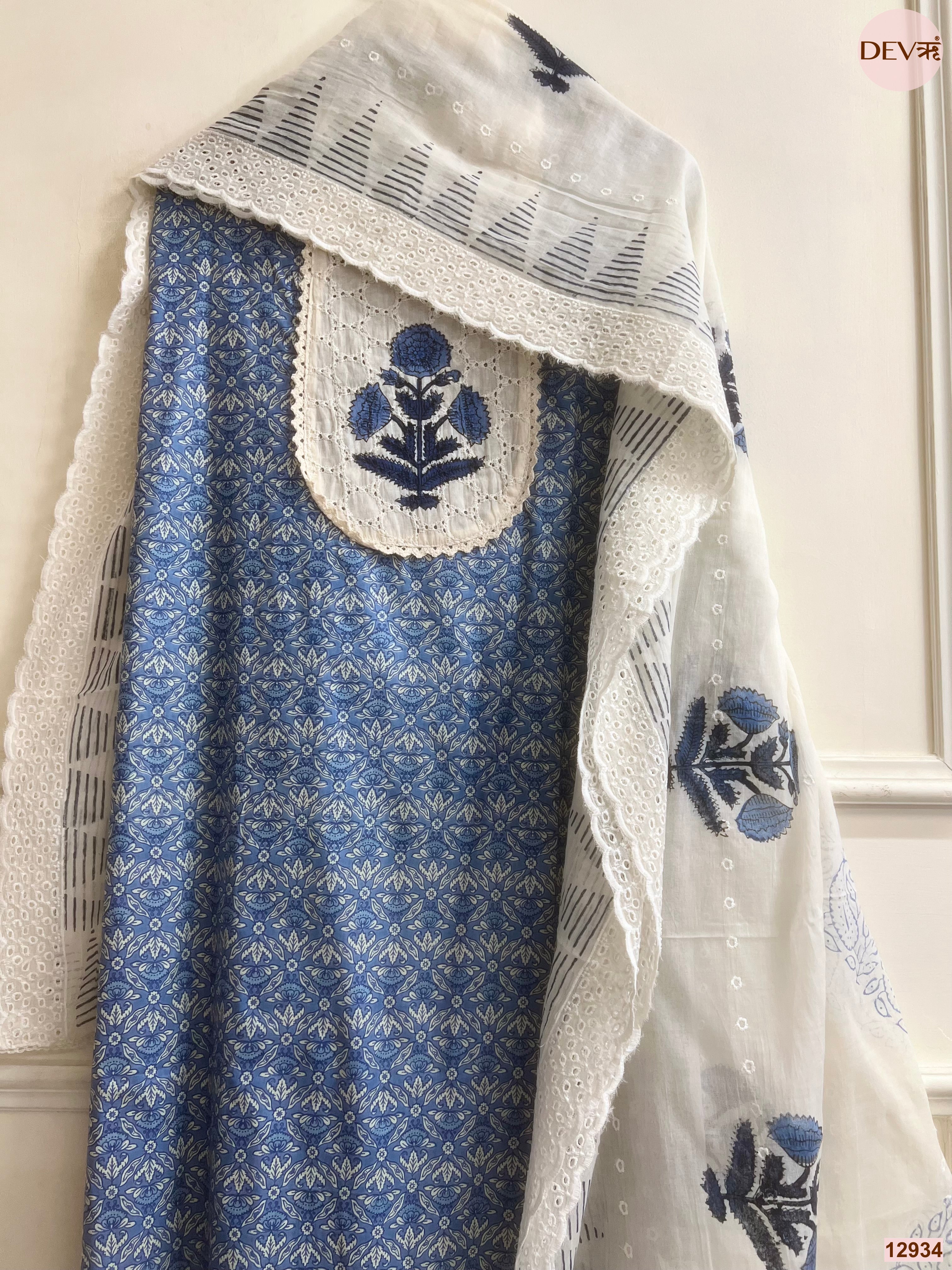 Blue Cotton Printed Unstitched 3-Piece Suit (Devri – D.No 12934)