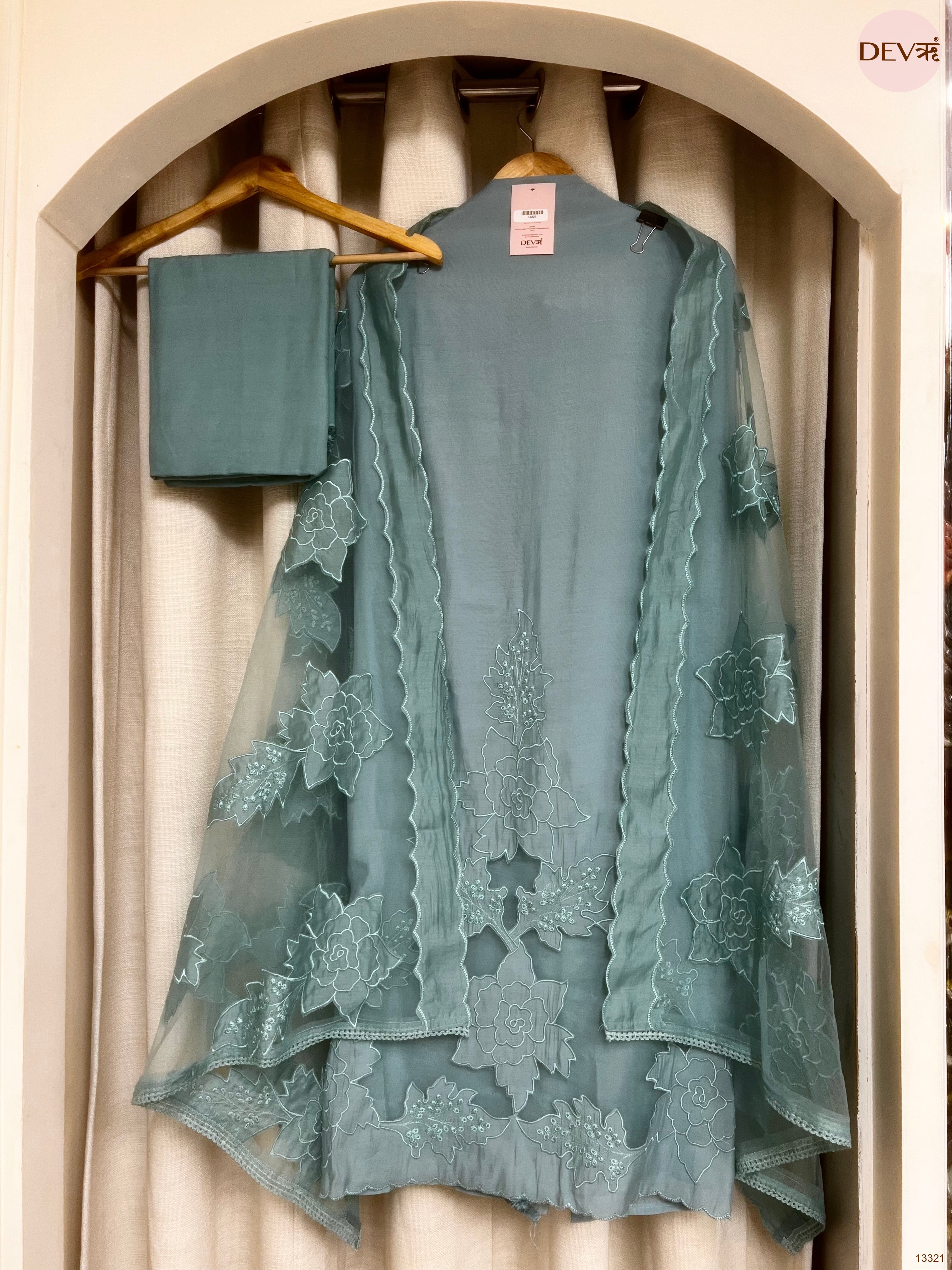 Teal Mul chanderi Embroidered Unstitched 3-Piece Suit (Devri – D.No 13321)