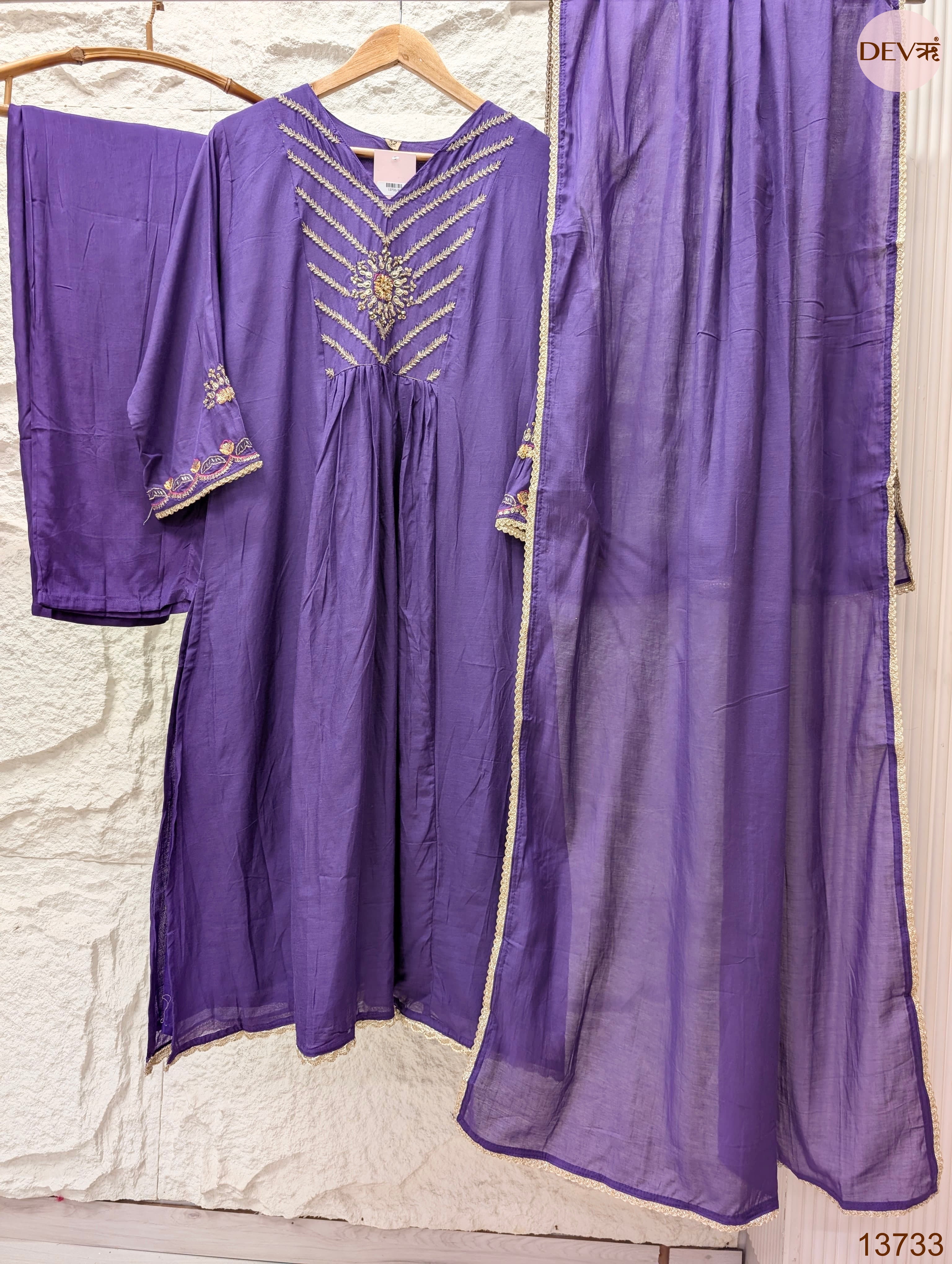 Zarmina Mul Chanderi Embroidered Purple 3-Piece Set (Devri – D.No 13733)