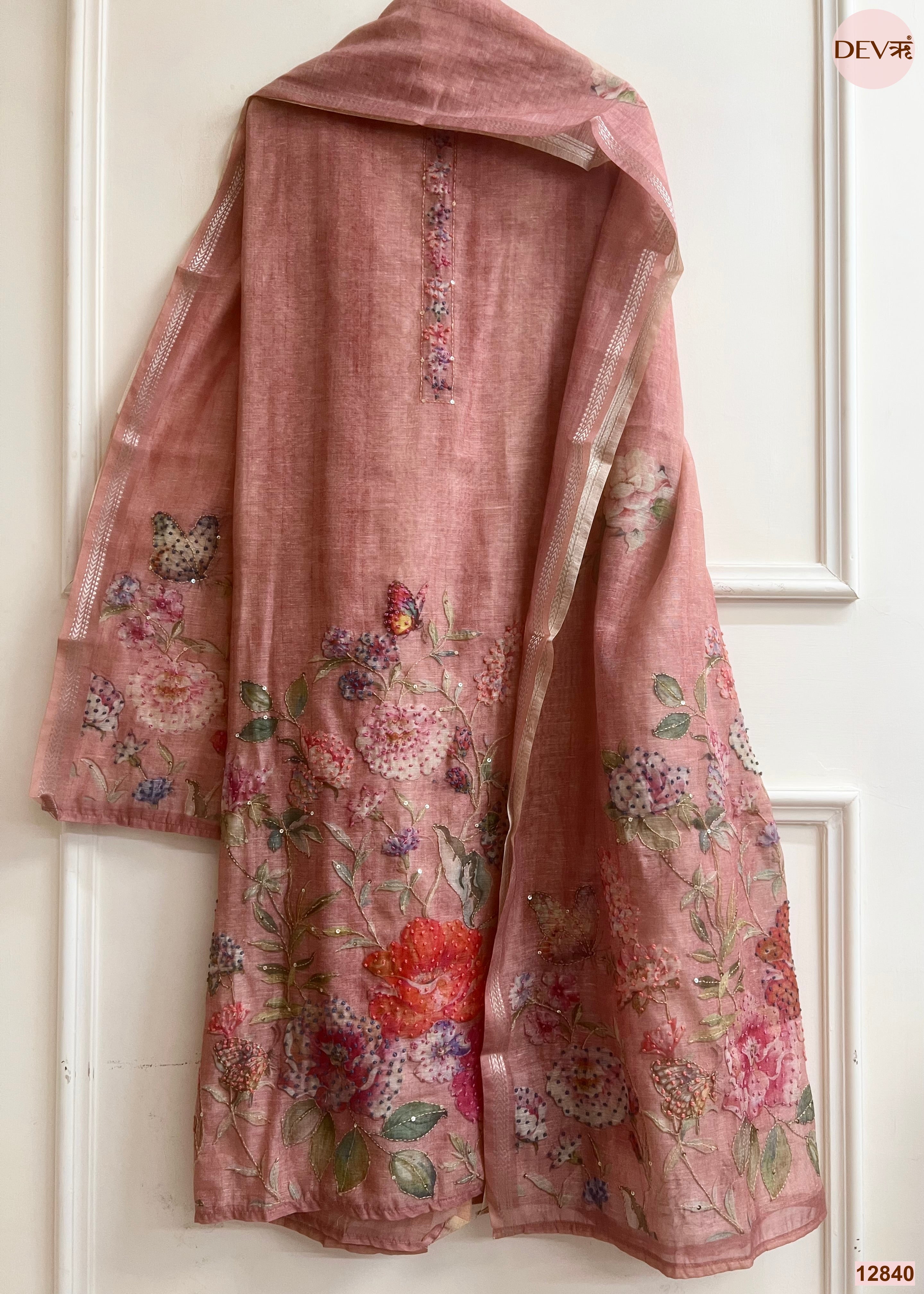 Pink Mul Chanderi Embroidered Unstitched 3-Piece Suit (Devri – D.No 12840)