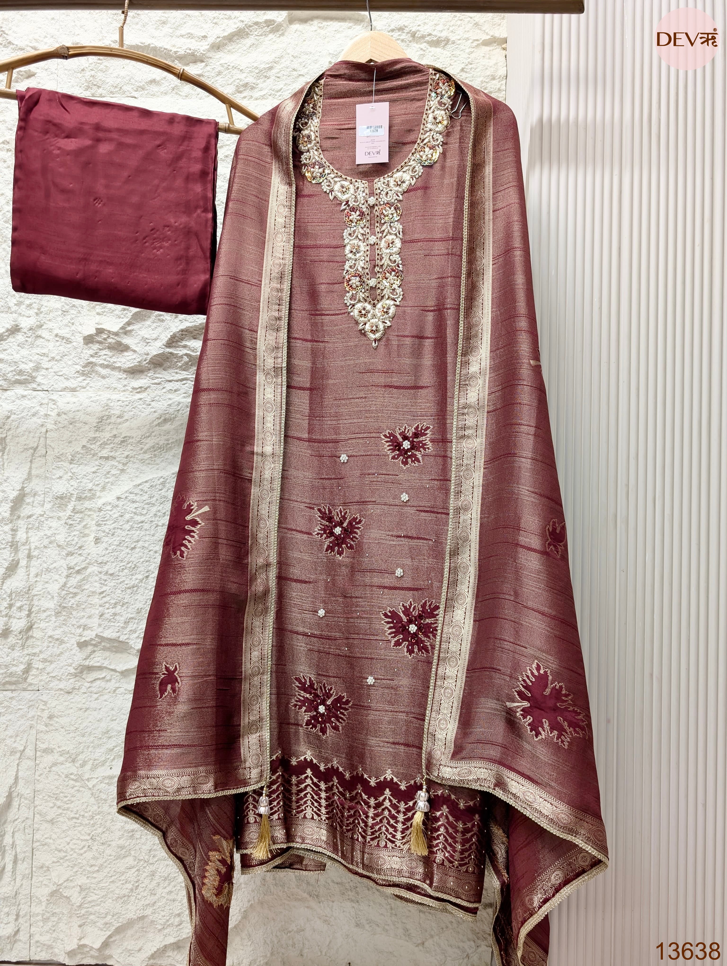 Wine Pure Girafe Banarasi Silk Embroidered Unstitched 3-Piece Suit (Devri – D.No 13638)