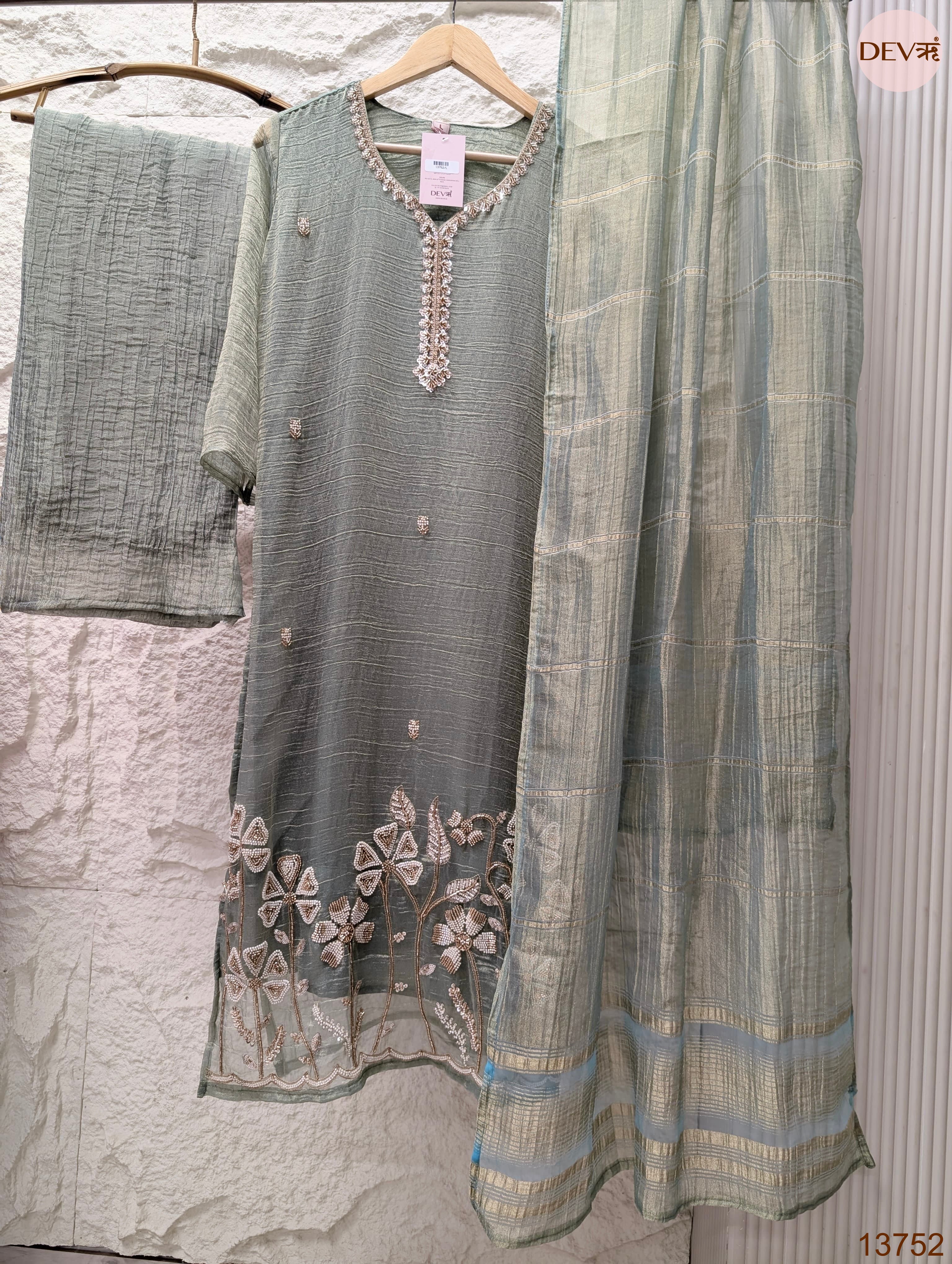 Gulnaar Tissue silk Embroidered Sage Green 3-Piece Set (Devri – D.No 13752)