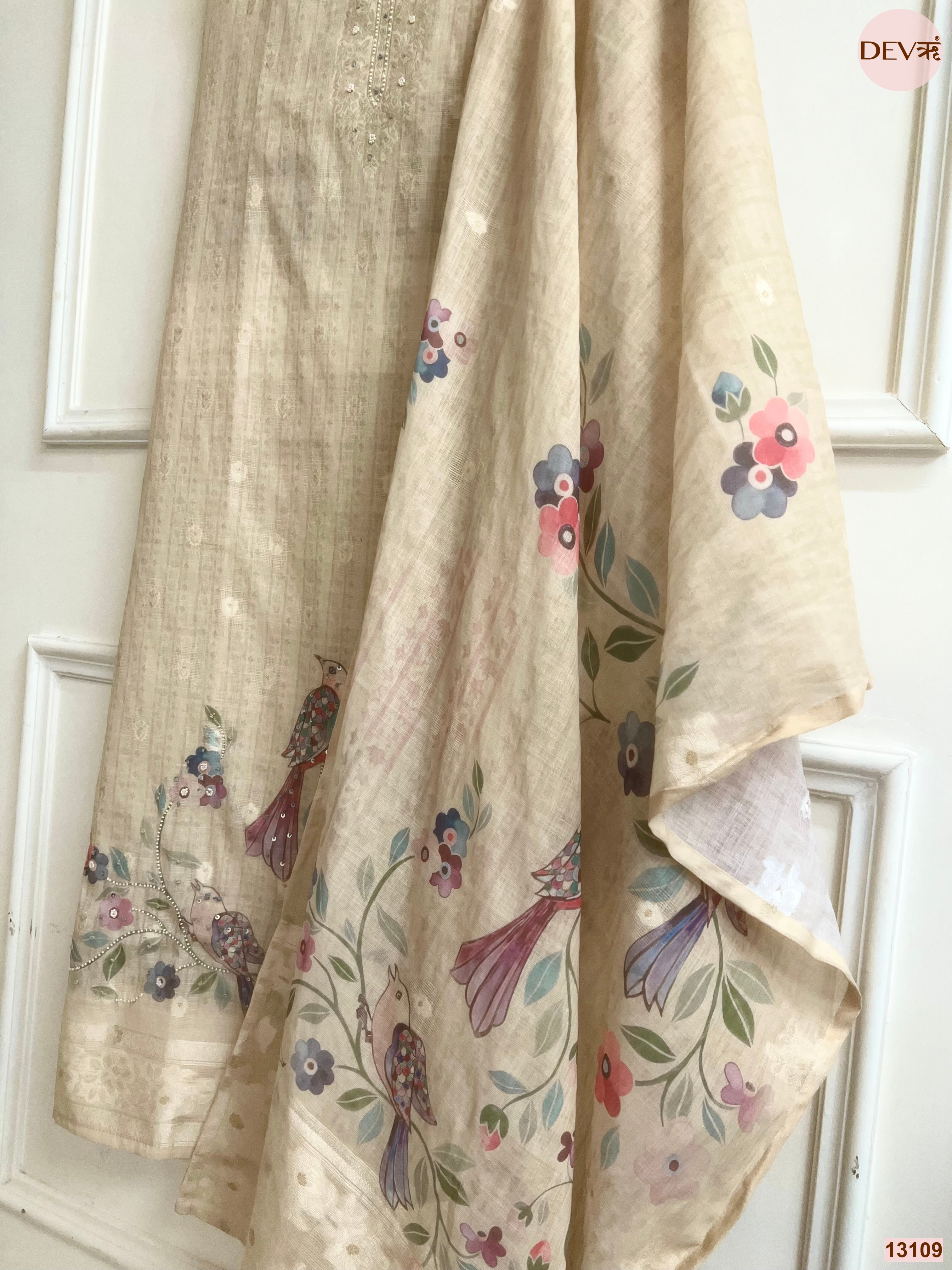 Beige Linen Cotton Printed Unstitched 3-Piece Suit (Devri – D.No 13109)