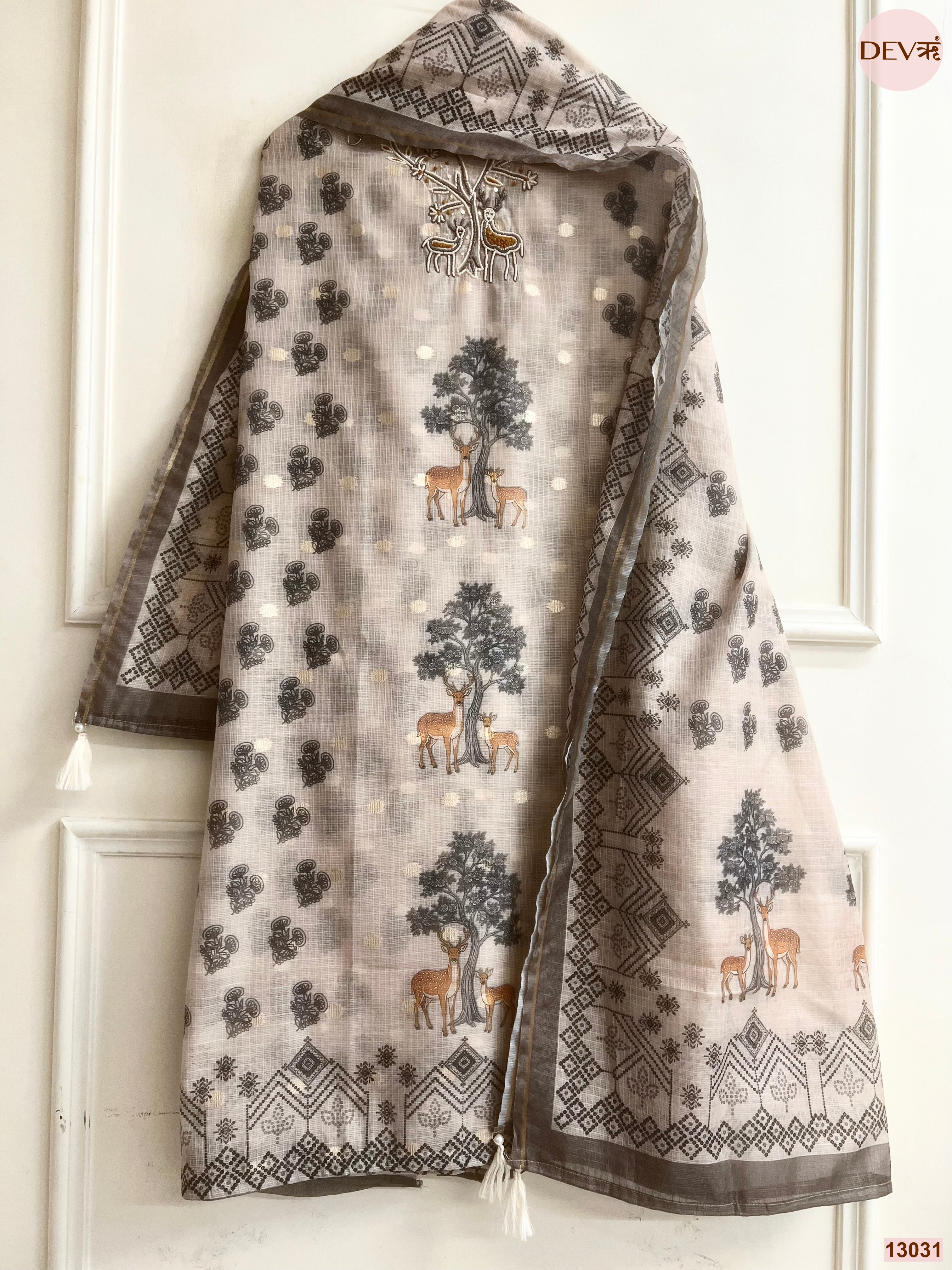 Grey Kota Printed Unstitched 3-Piece Suit (Devri – D.No 13031)