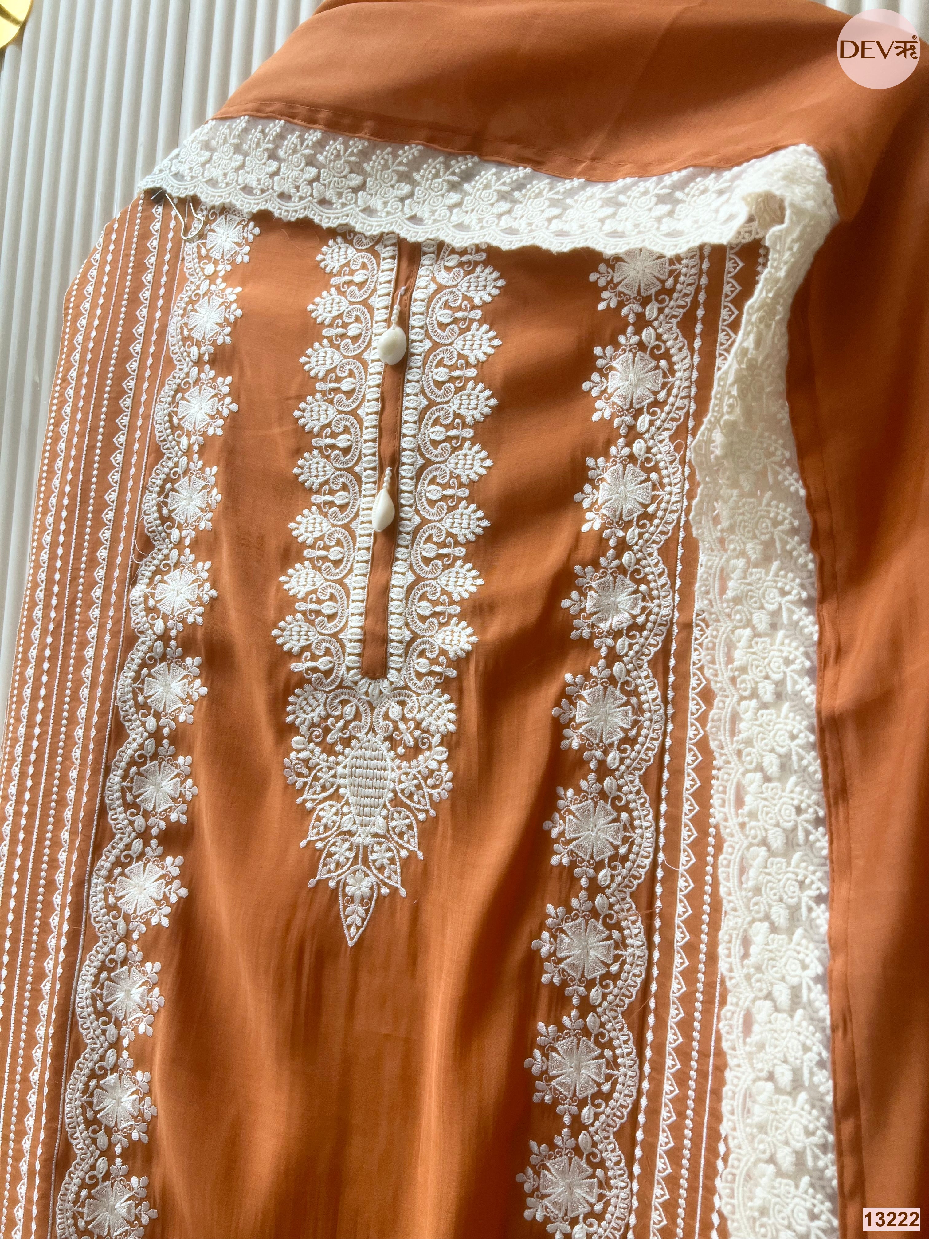 Rust Mul Cotton Embroidered Unstitched 3-Piece Suit (Devri – D.No 13222)