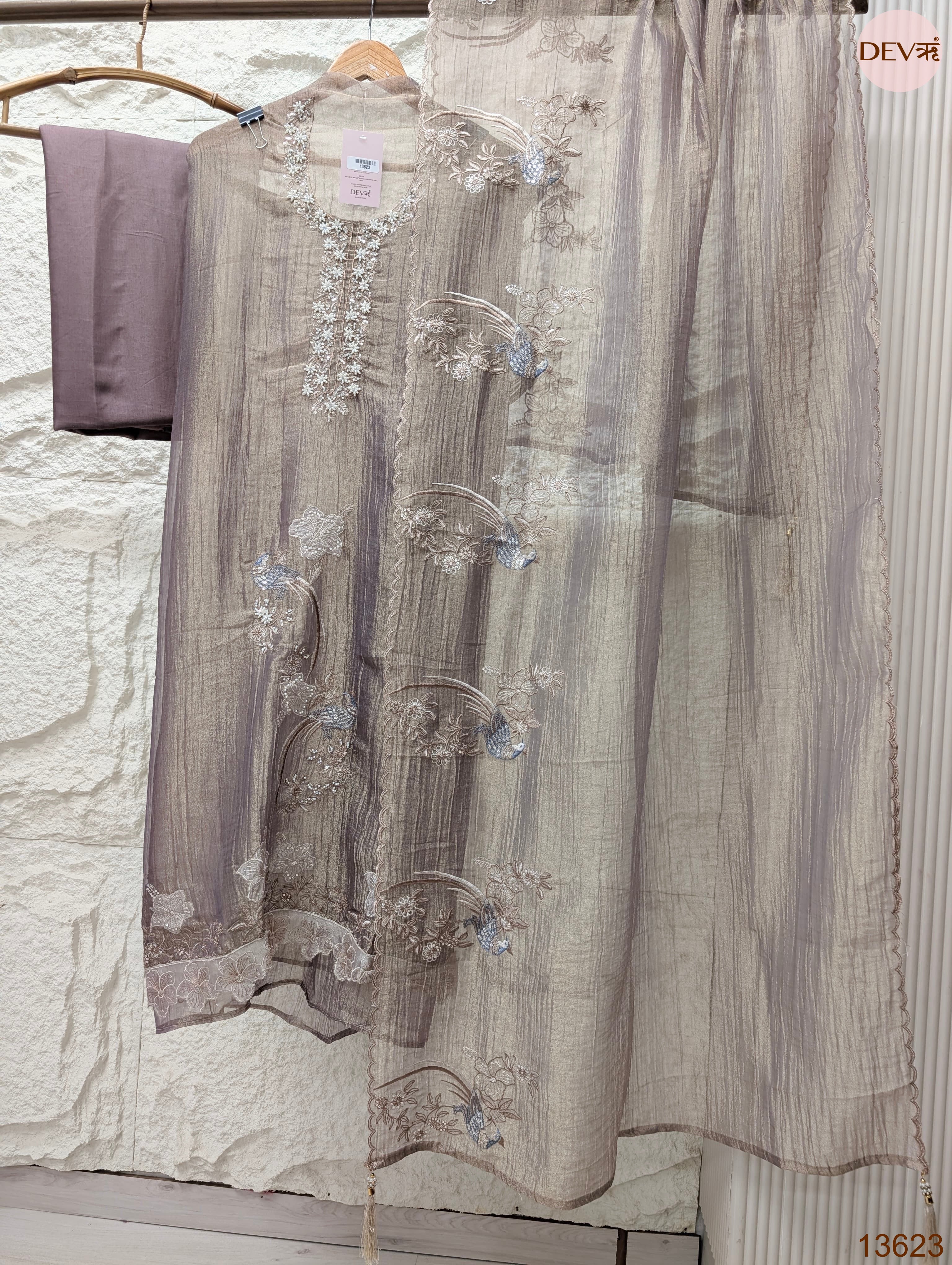 Mauve Tissue Crush Silk Embroidered Unstitched 3-Piece Suit (Devri – D.No 13623)