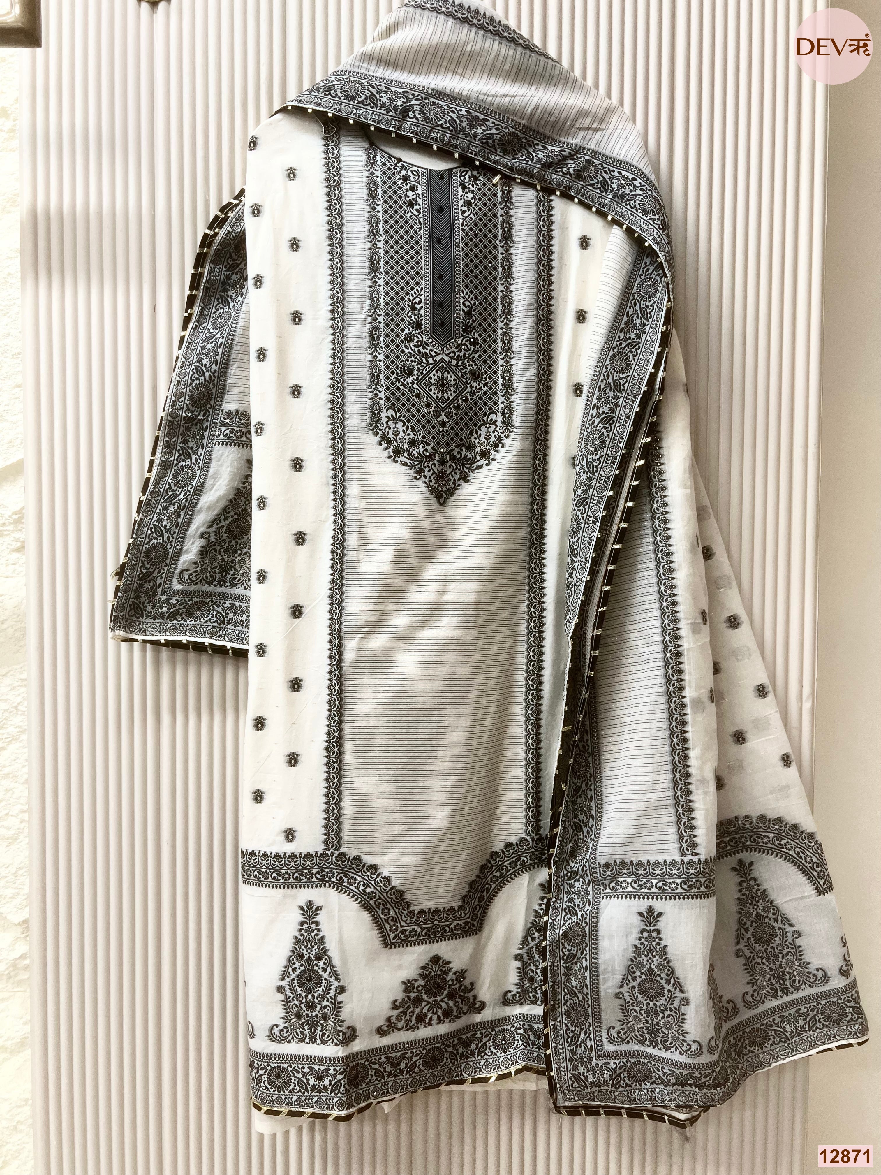 White Jamdani Cotton Printed Unstitched 3-Piece Suit (Devri – D.No 12871)