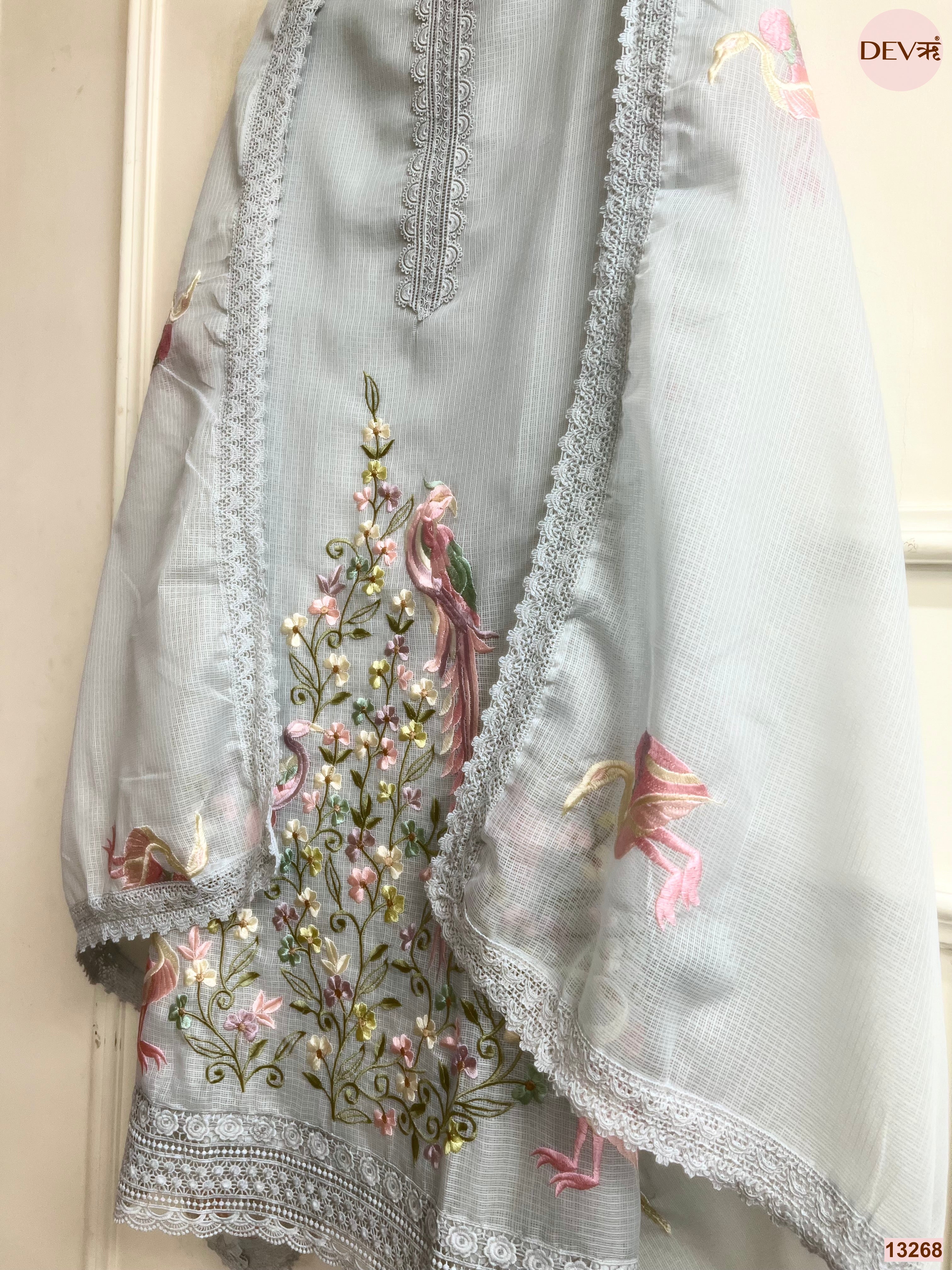 Grey Kota Cotton Embroidered Unstitched 3-Piece Suit (Devri – D.No 13268)