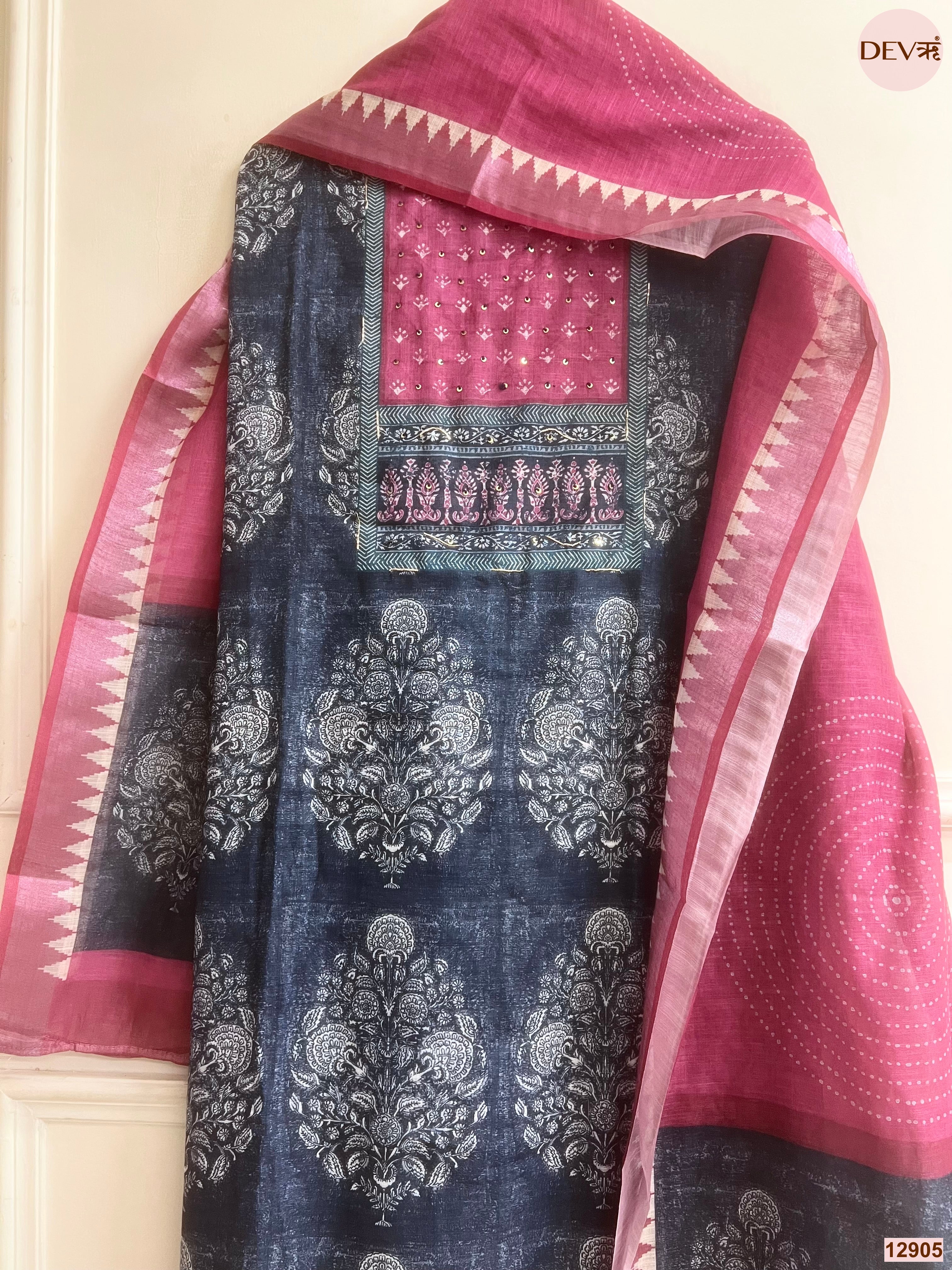 Pink Linen Cotton Printed Unstitched 3-Piece Suit (Devri – D.No 12905)