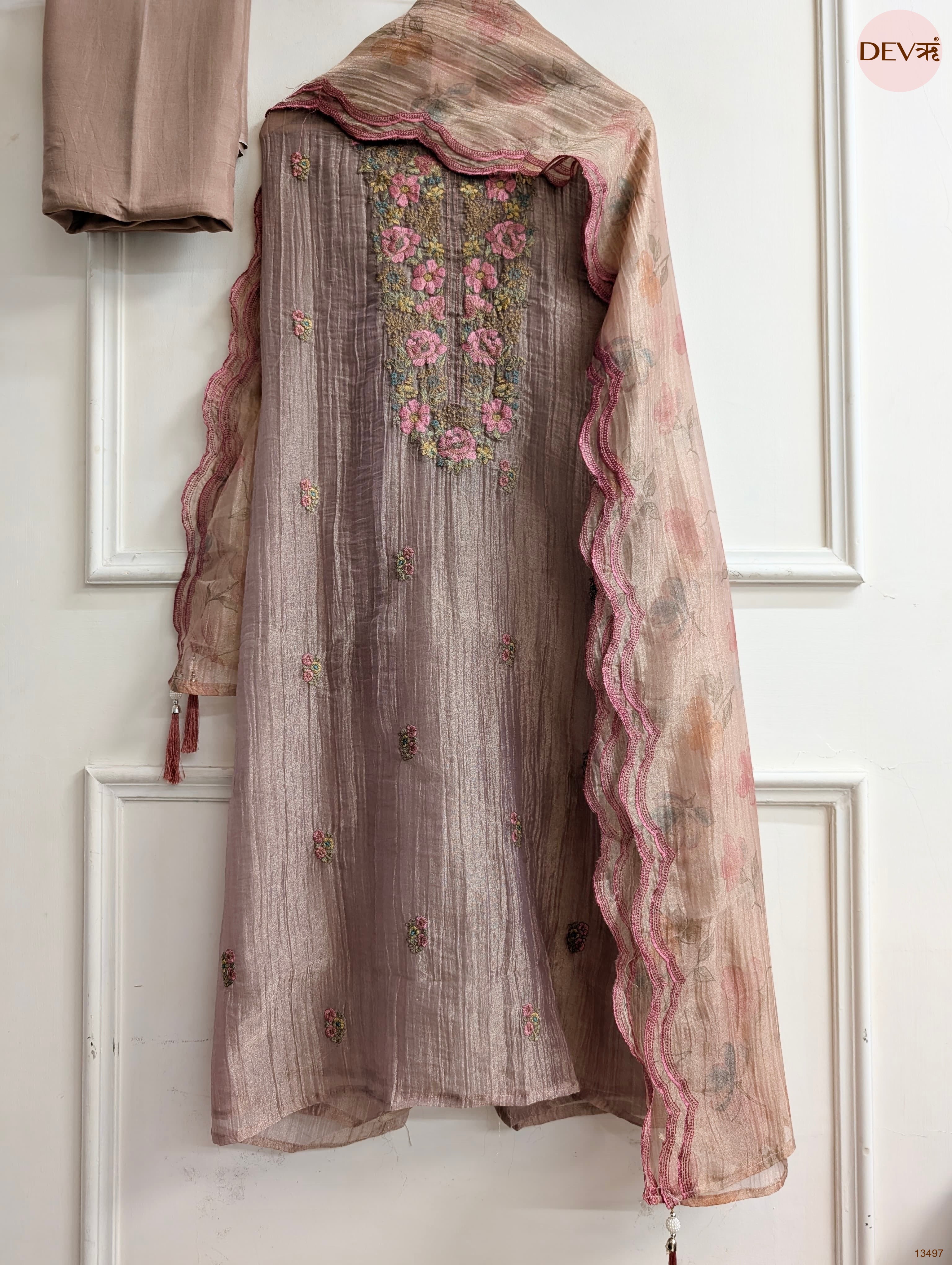 Taupe Tissue Crush Silk Embroidered Unstitched 3-Piece Suit (Devri – D.No 13497)