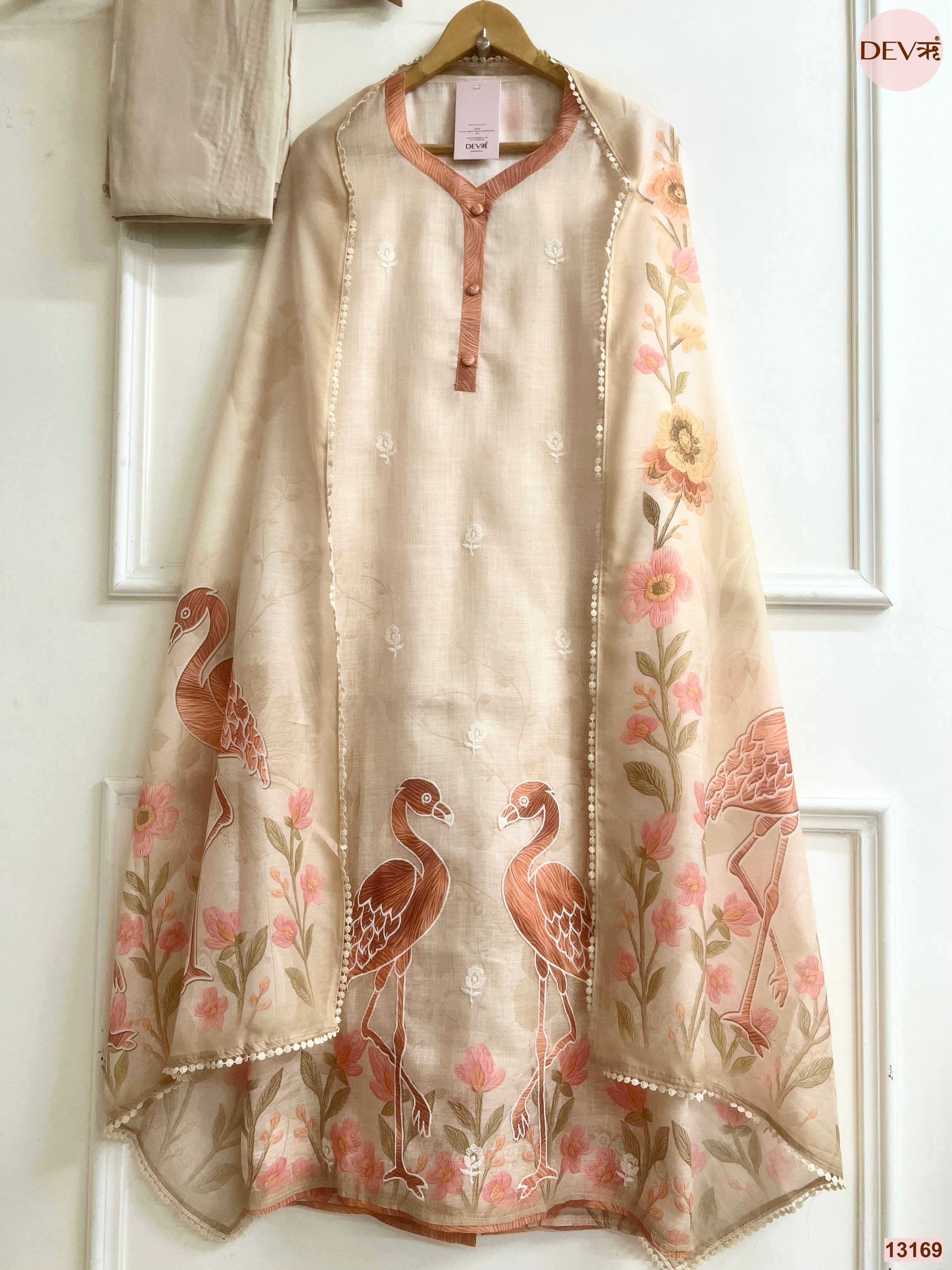 Beige Linen Cotton Printed Unstitched 3-Piece Suit (Devri – D.No 13169)