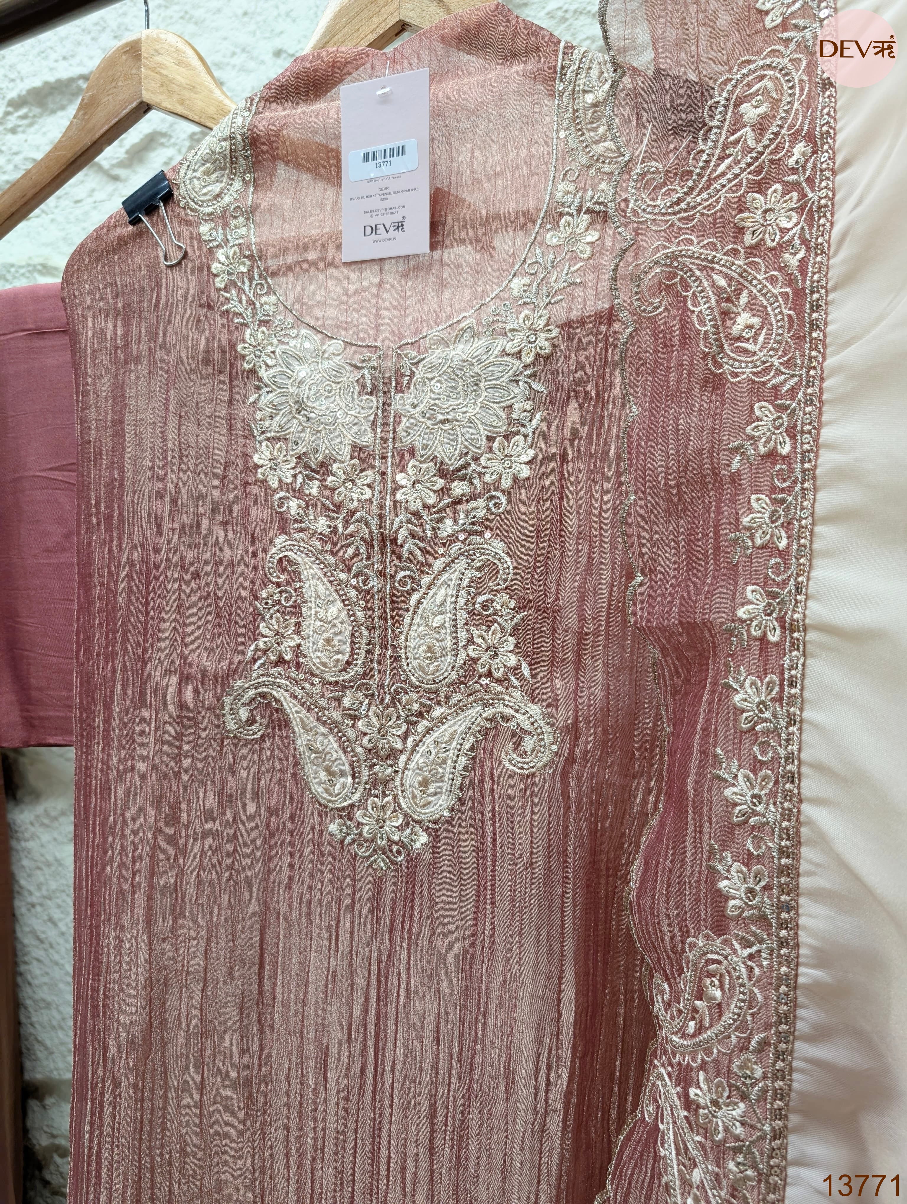 Mauve Pure Tissue Silk Embroidered Unstitched 3-Piece Suit (Devri – D.No 13771)