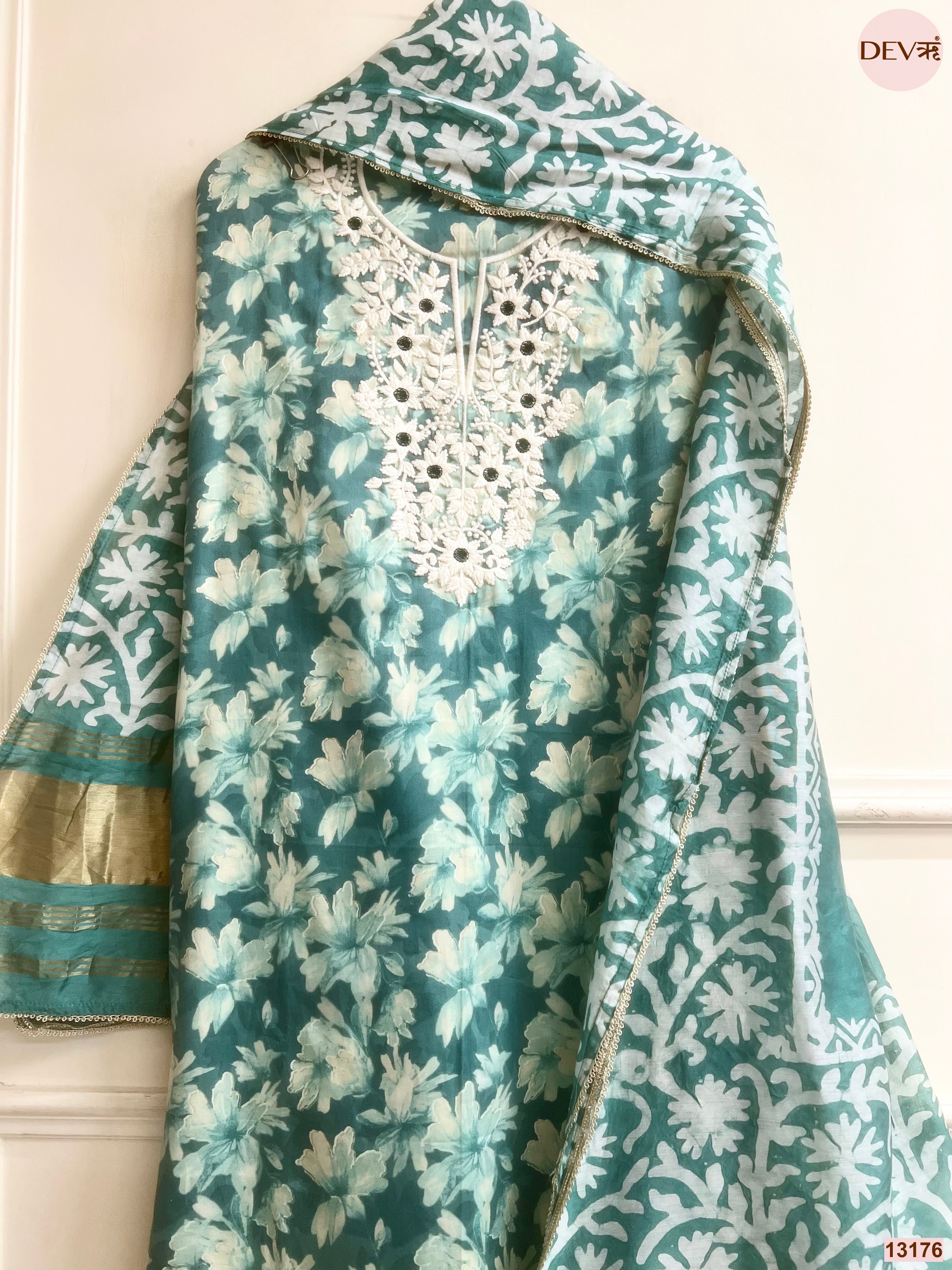 Teal Jam Cotton Printed Unstitched 3-Piece Suit (Devri – D.No 13176)