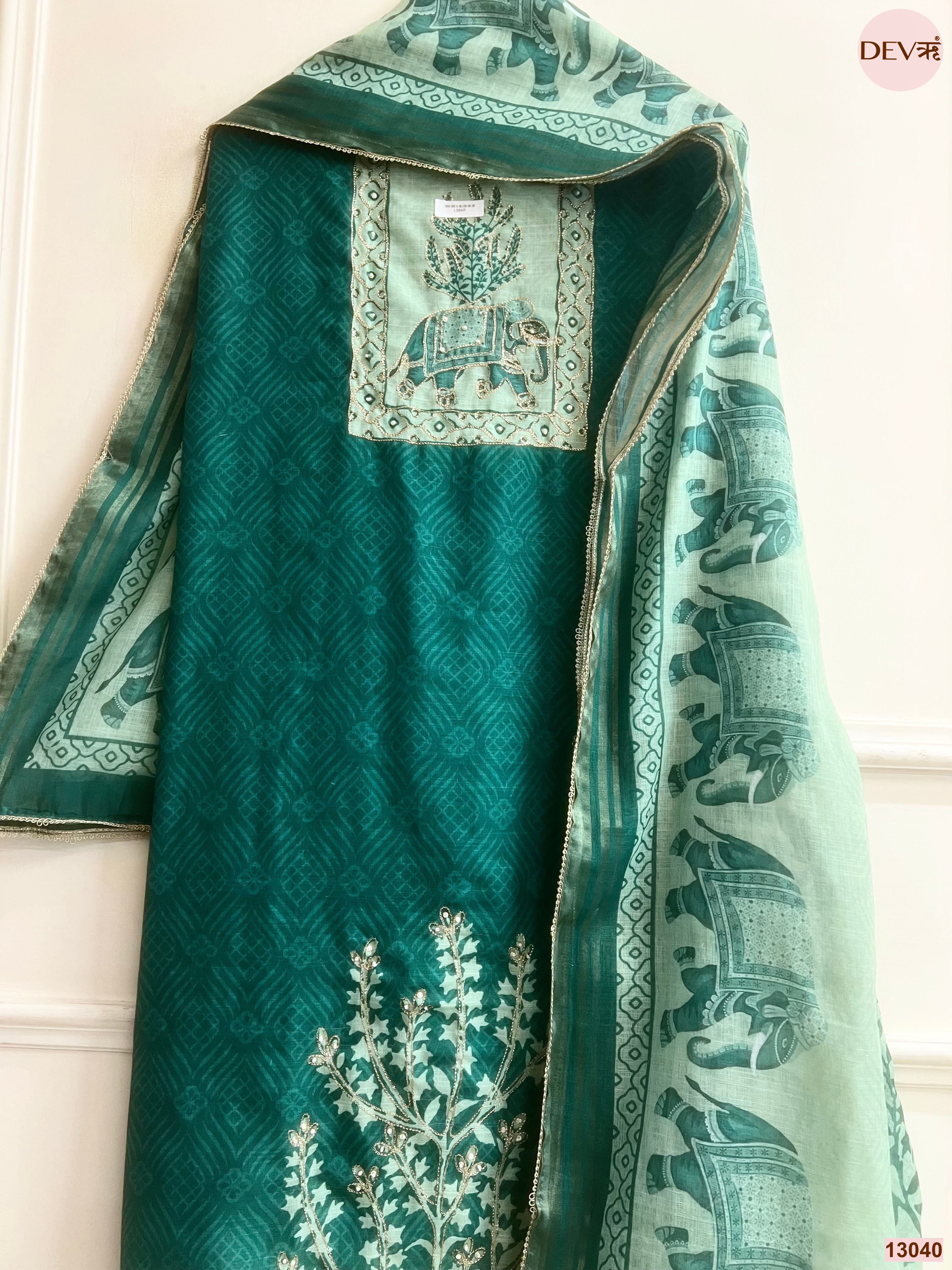 Green Linen Cotton Printed Unstitched 3-Piece Suit (Devri – D.No 13040)