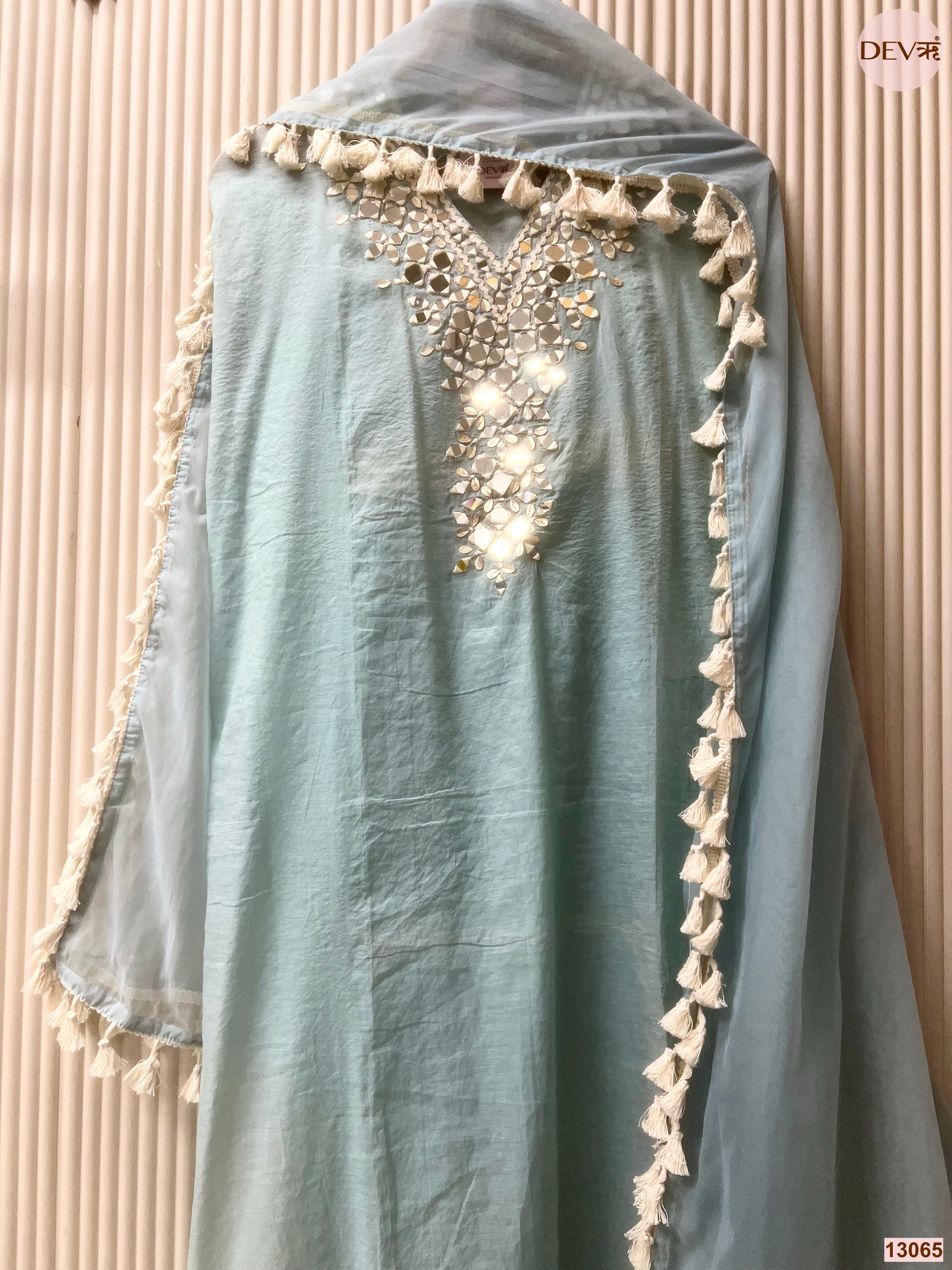 Blue Mul Cotton Hand Unstitched 3-Piece Suit (Devri – D.No 13065)