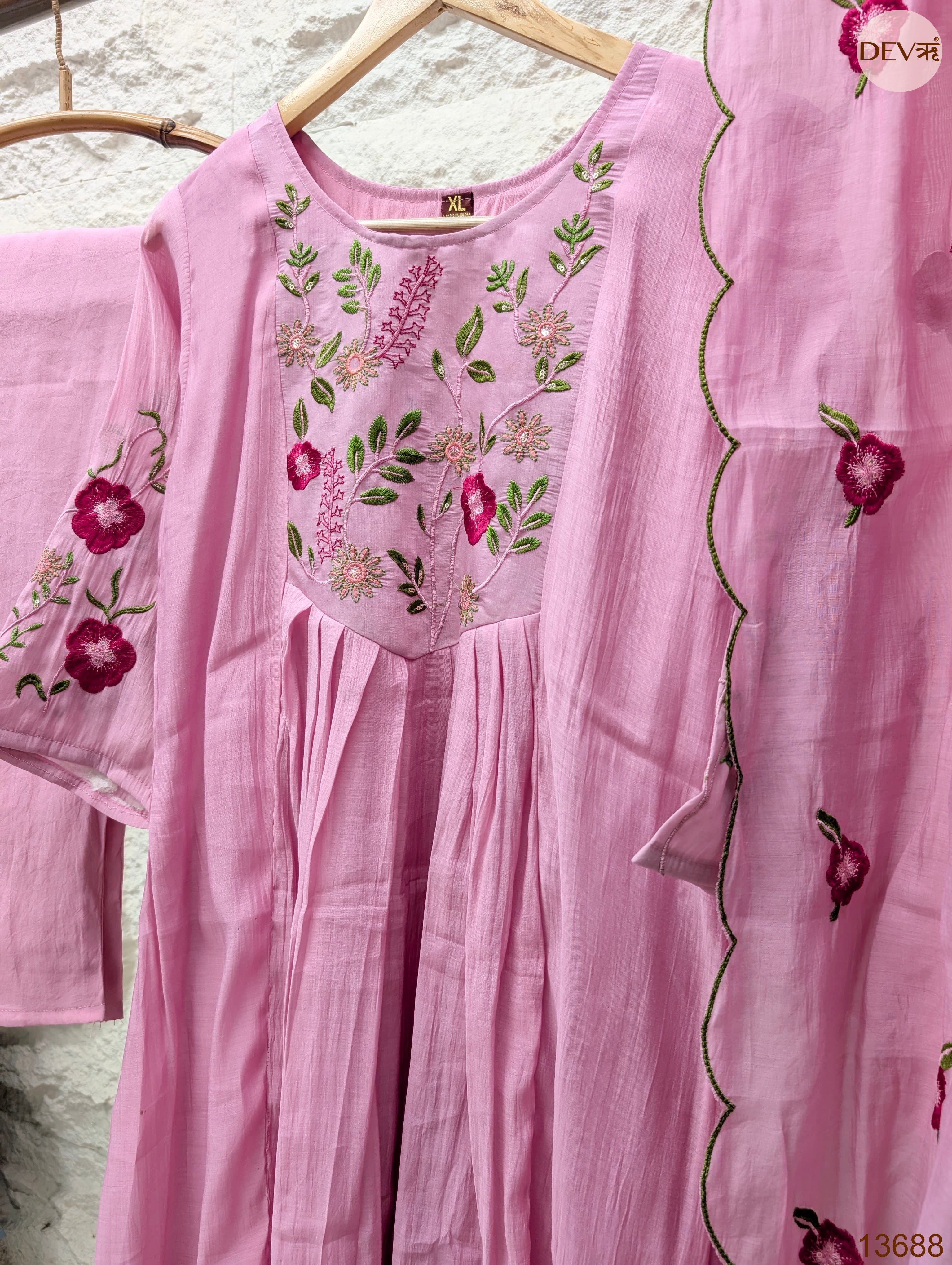 Gulnaar Mul Chanderi Embroidered Pink 3-Piece Set (Devri – D.No 13688)