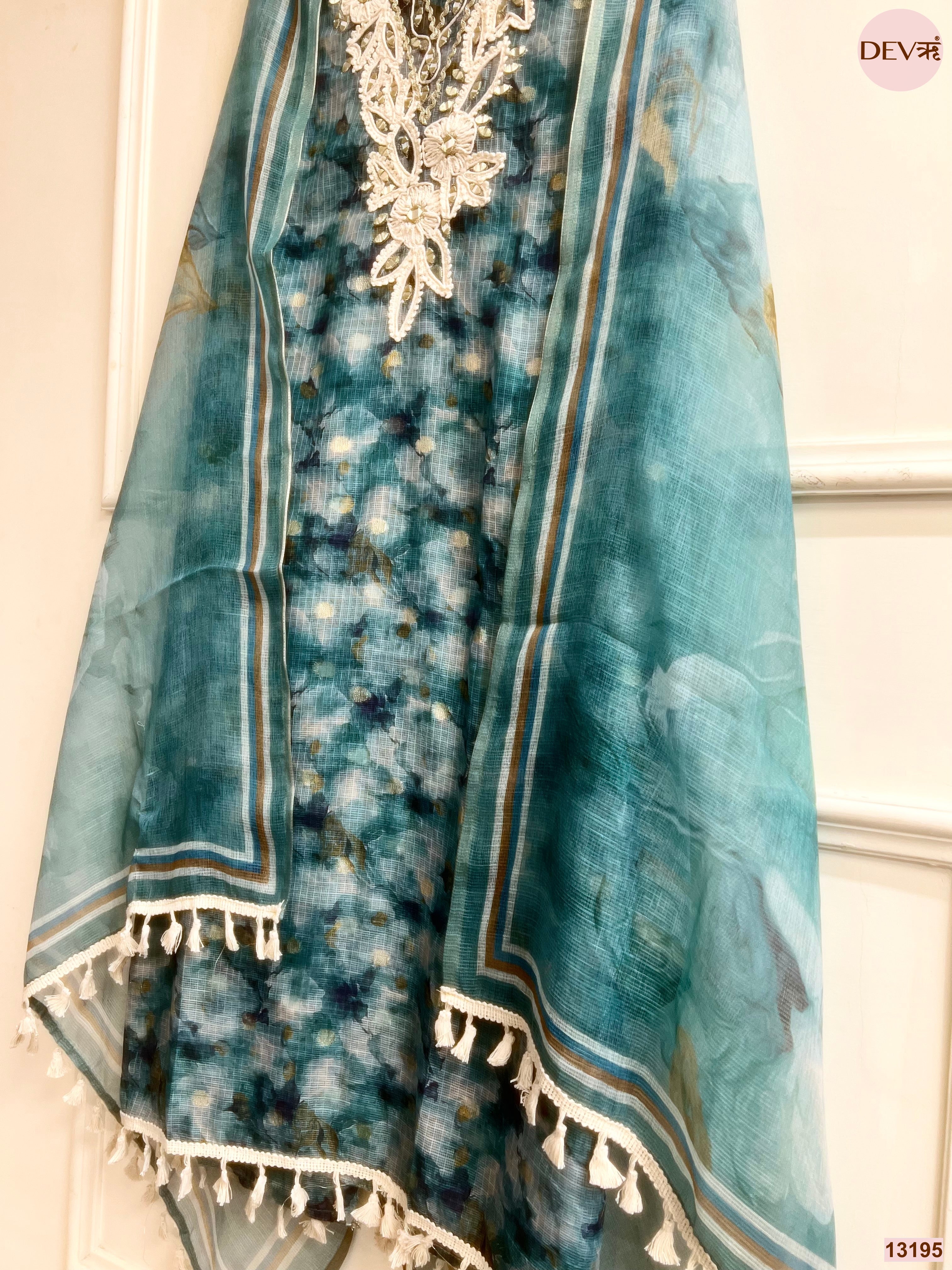 Teal Kota Zari Embroidered Unstitched 3-Piece Suit (Devri – D.No 13195)