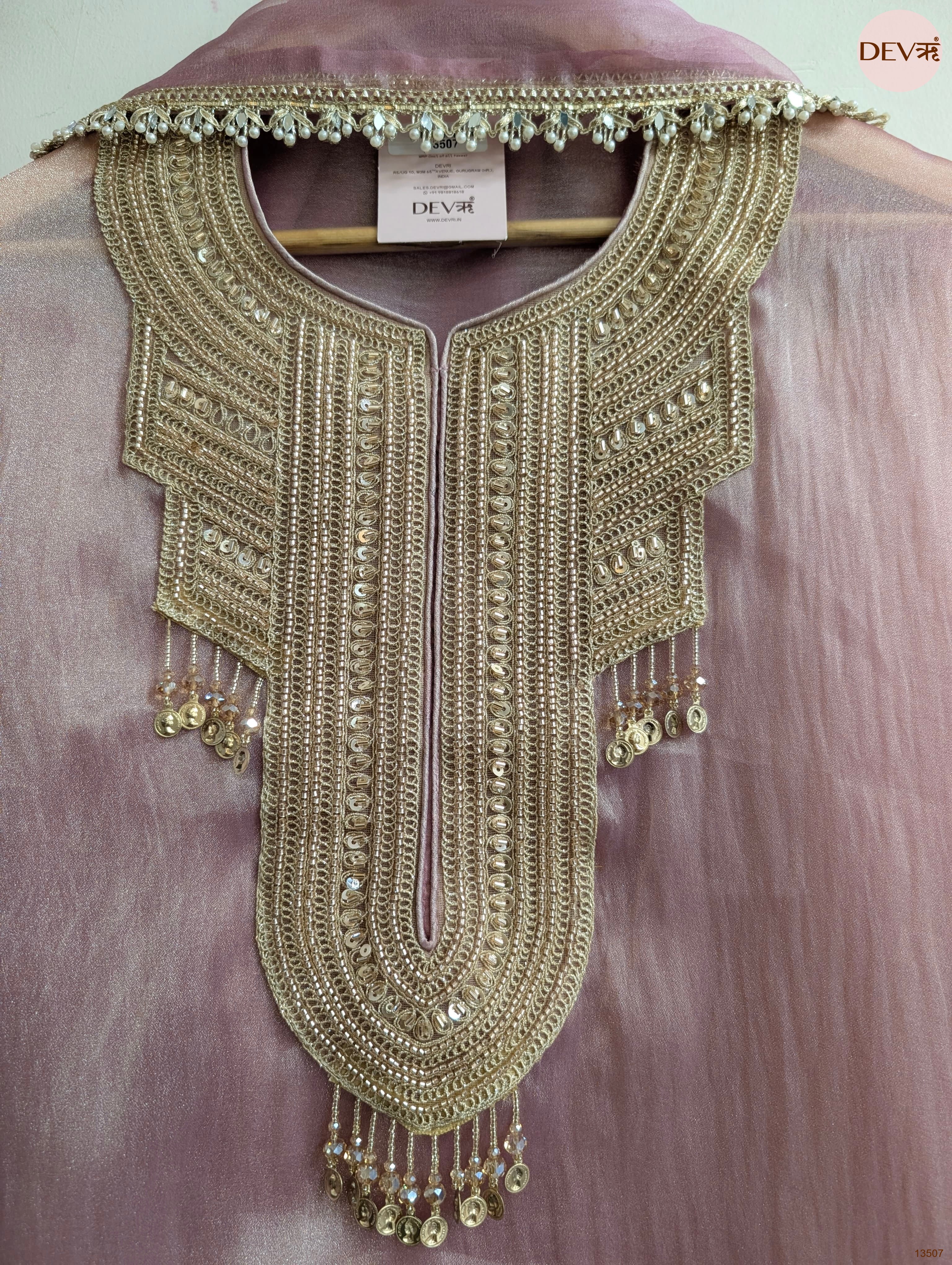 Pink Tissue Silk Hand Unstitched 3-Piece Suit (Devri – D.No 13507)