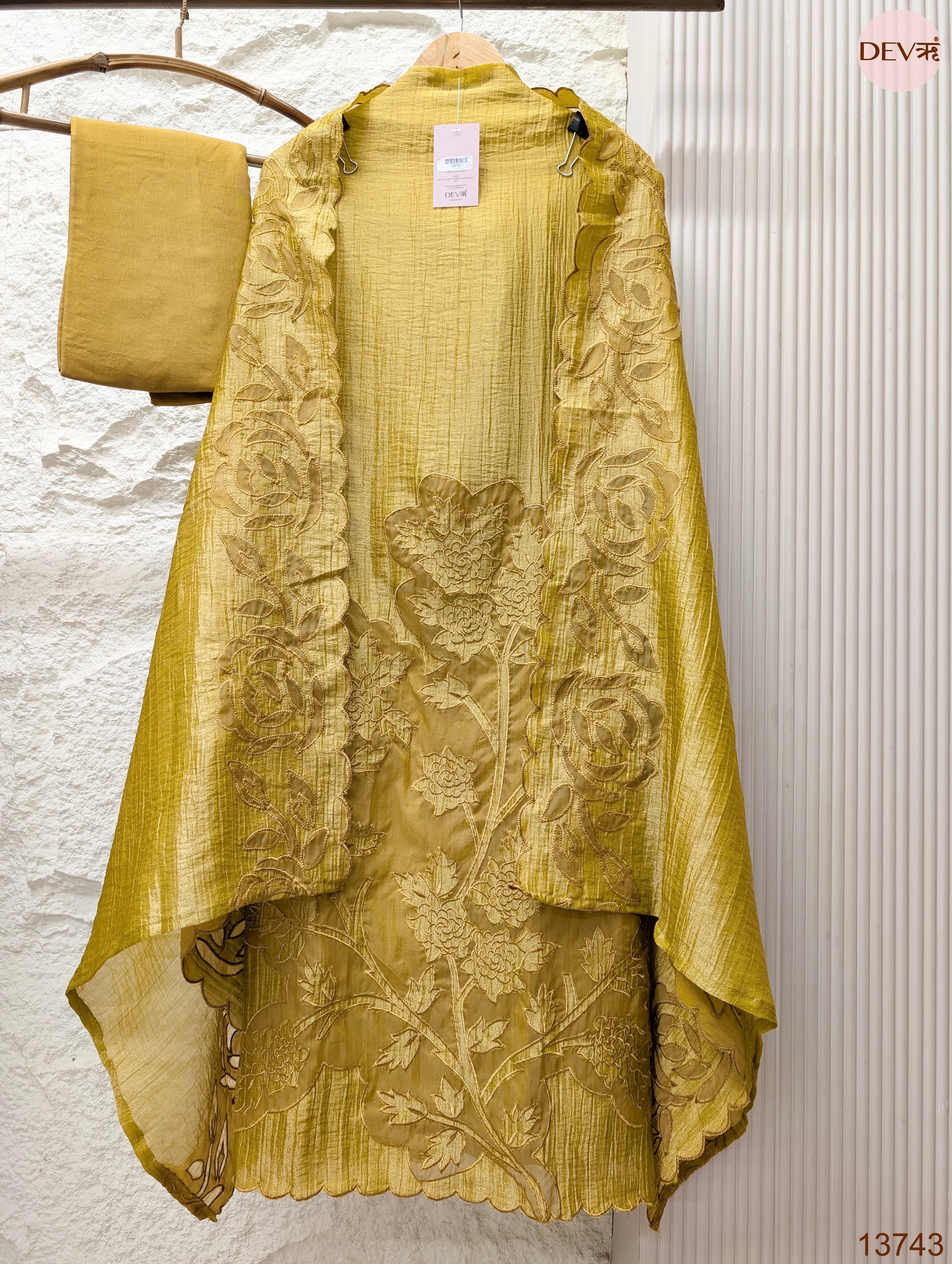 Mustard Tissue Crush Silk Embroidered Unstitched 3-Piece Suit (Devri – D.No 13743)