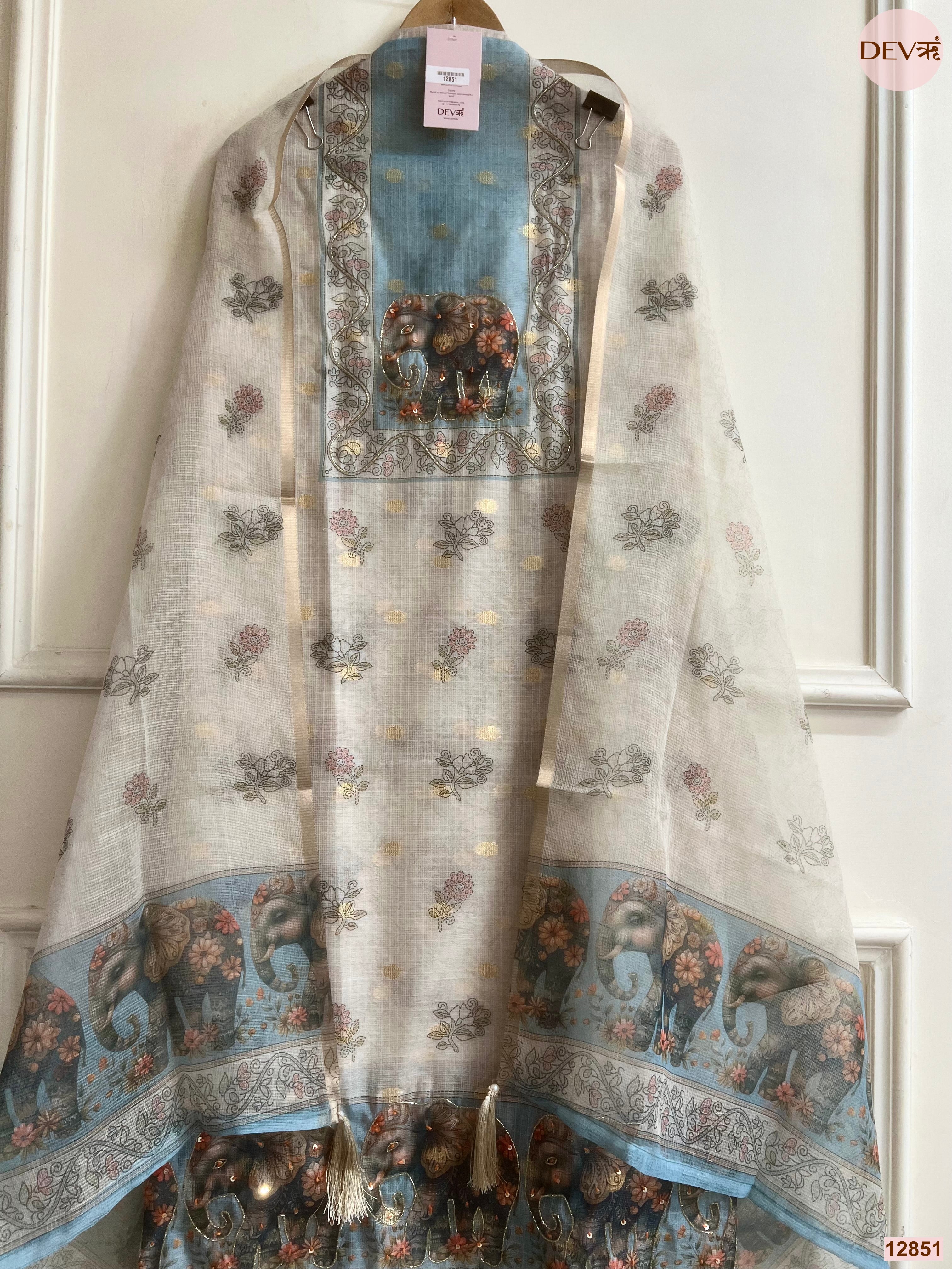 Blue Linen Cotton Printed Unstitched 3-Piece Suit (Devri – D.No 12851)