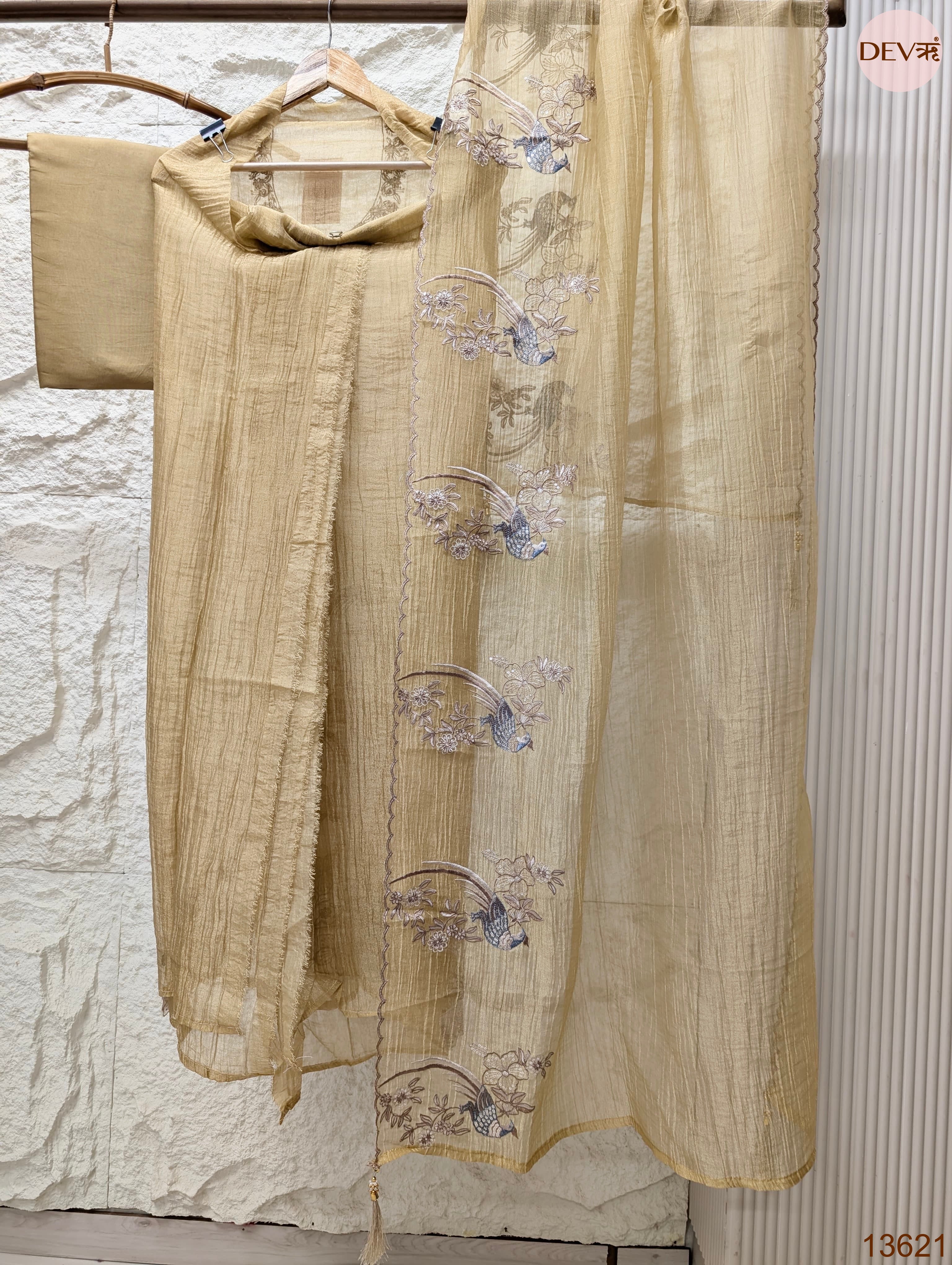 Beige Tissue Crush Silk Embroidered Unstitched 3-Piece Suit (Devri – D.No 13621)