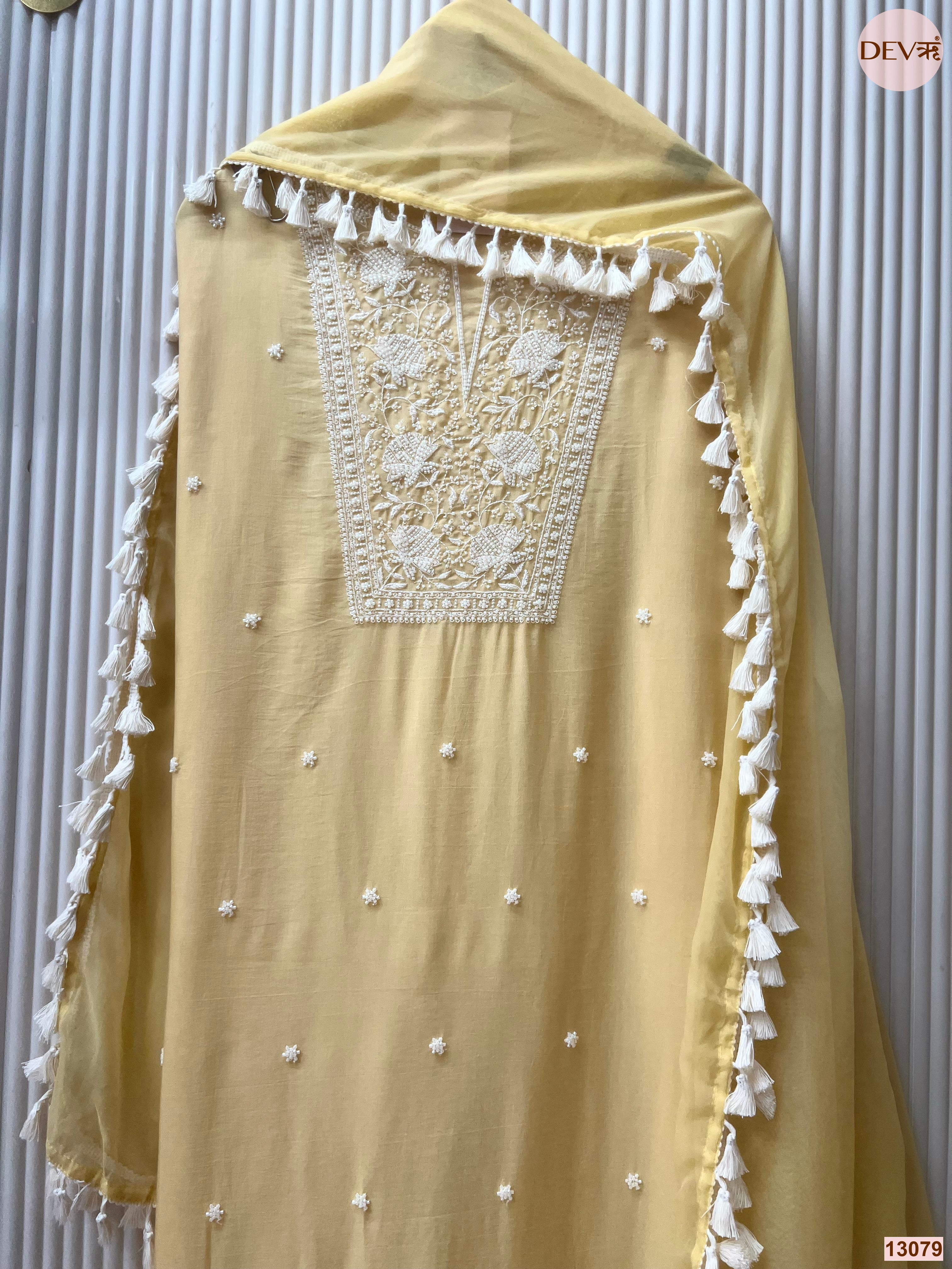 Yellow Mul Cotton Embroidered Unstitched 3-Piece Suit (Devri – D.No 13079)