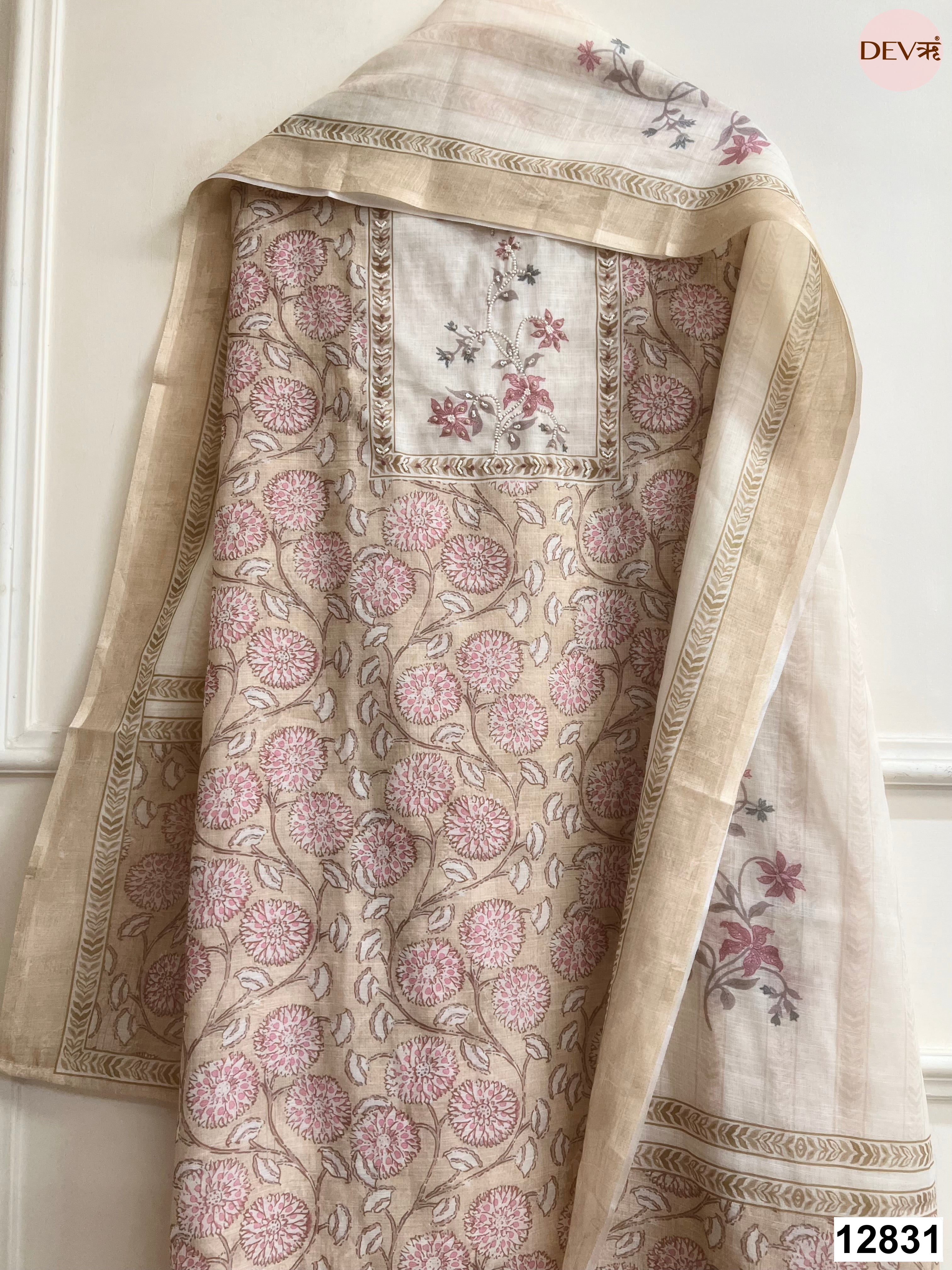 Beige Linen Cotton Printed Unstitched 3-Piece Suit (Devri – D.No 12831)