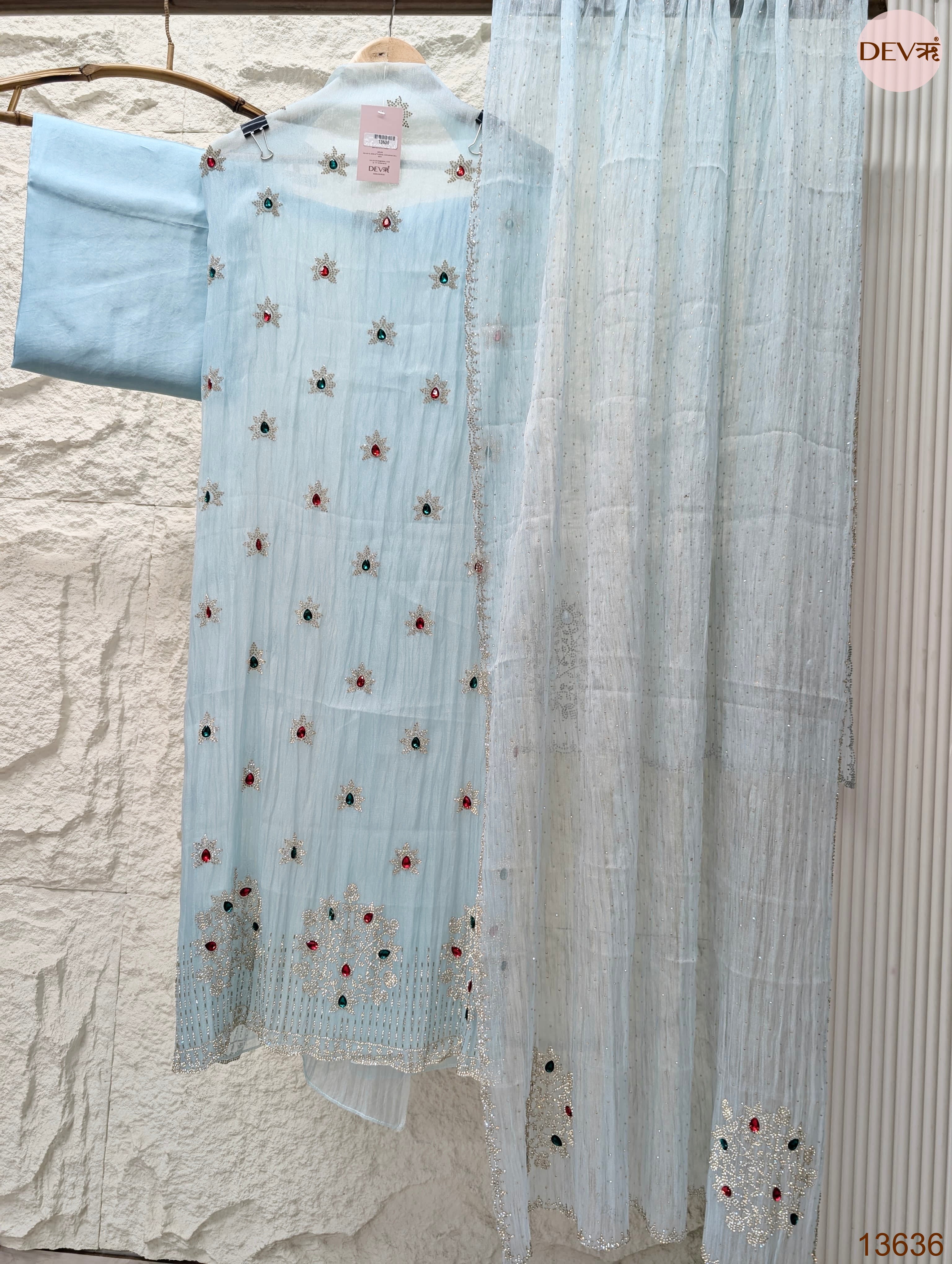 Blue Pure Organza Silk Hand Unstitched 3-Piece Suit (Devri – D.No 13636)