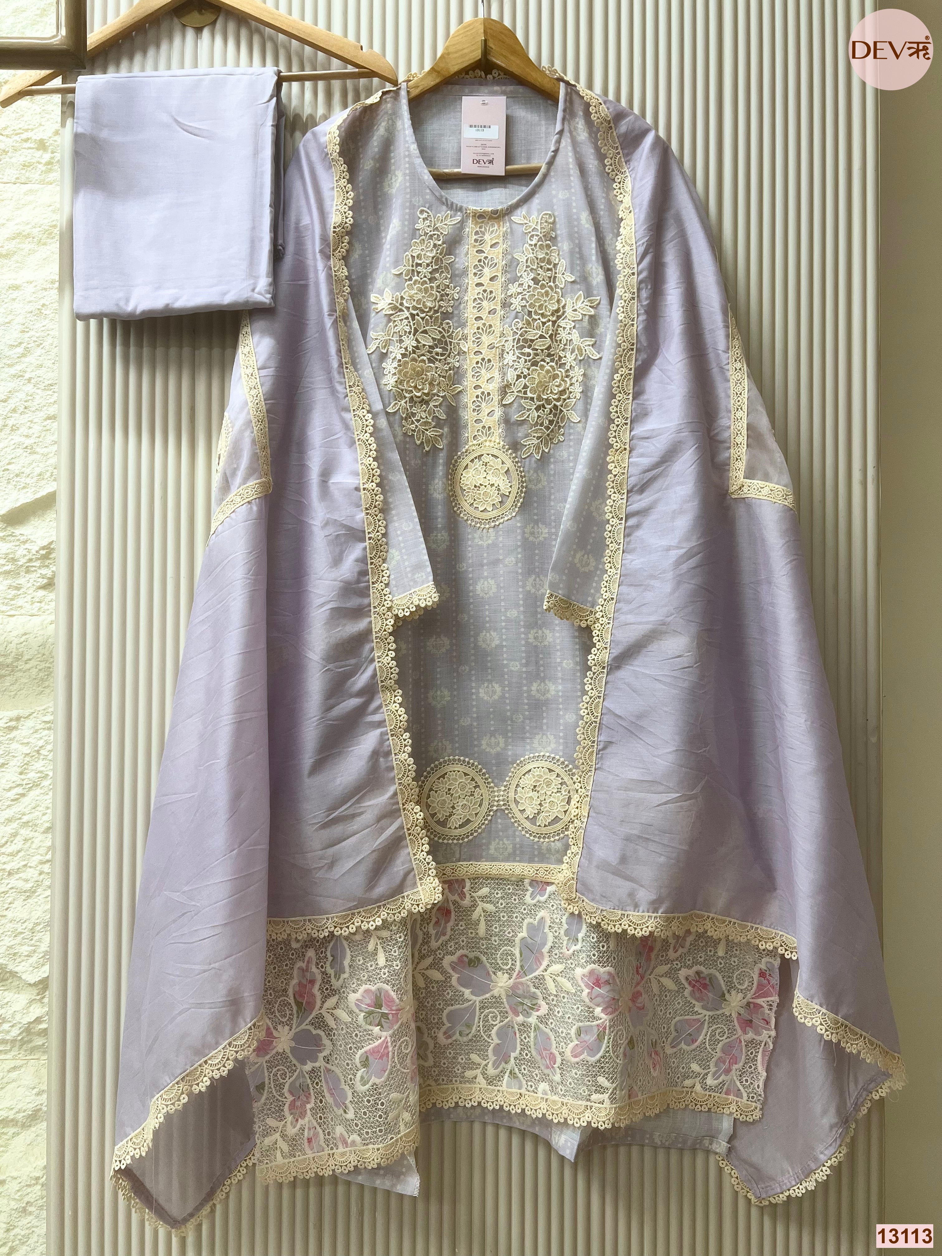 Lavender Linen Cotton Embroidered Unstitched 3-Piece Suit (Devri – D.No 13113)