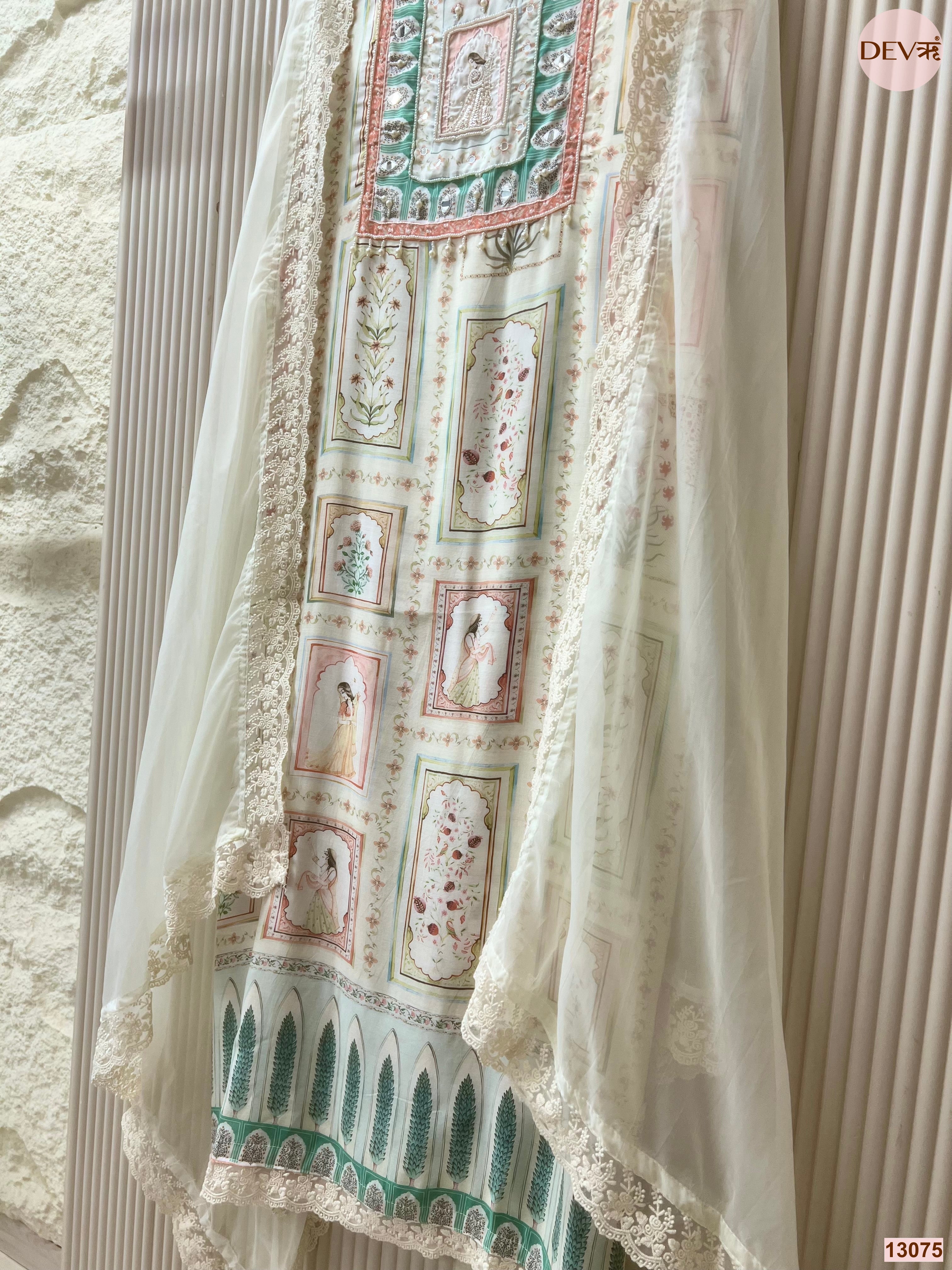 Cream Muslin Printed Unstitched 3-Piece Suit (Devri – D.No 13075)