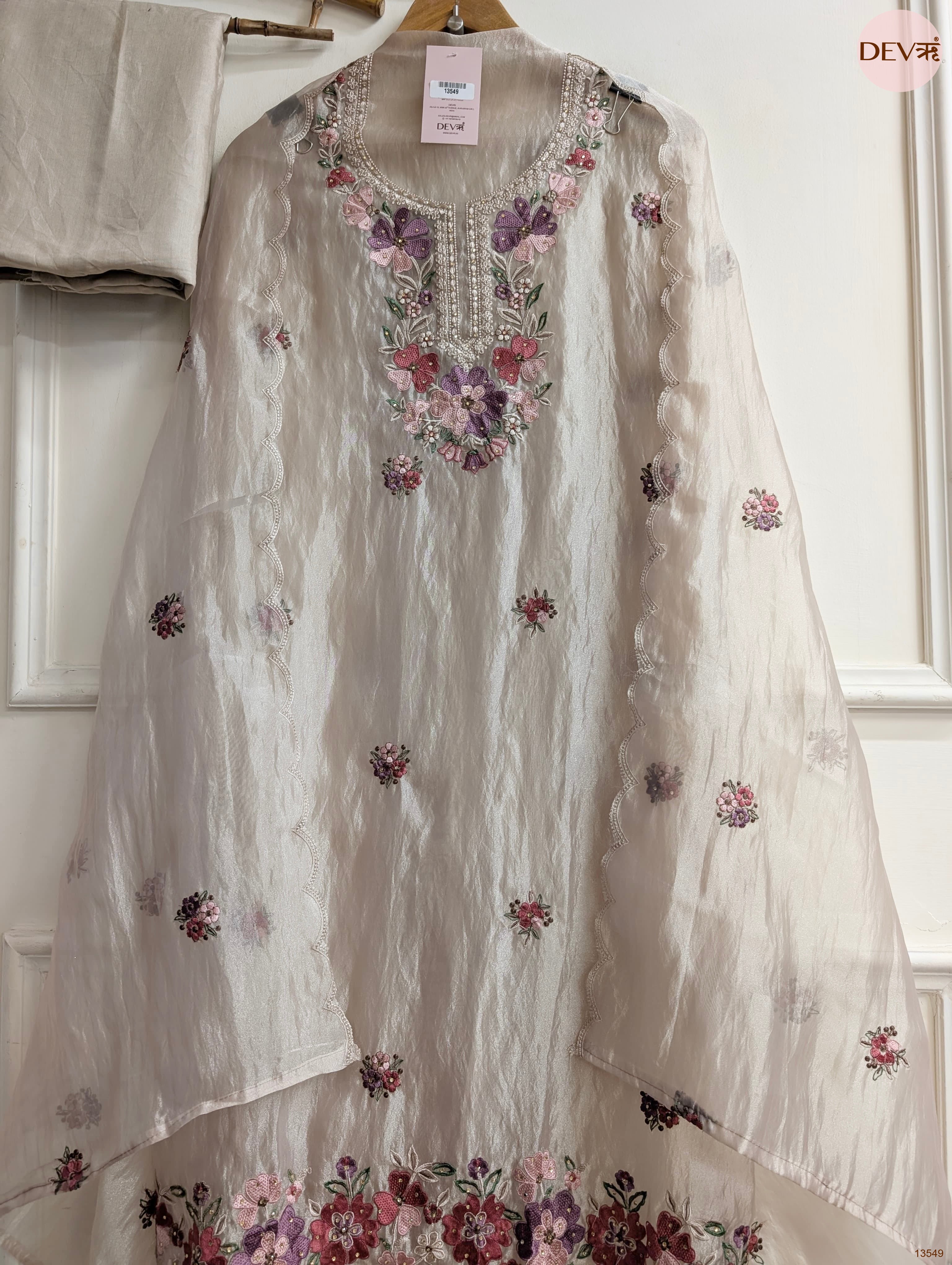Beige Tissue Organza Silk Embroidered Unstitched 3-Piece Suit (Devri – D.No 13549)